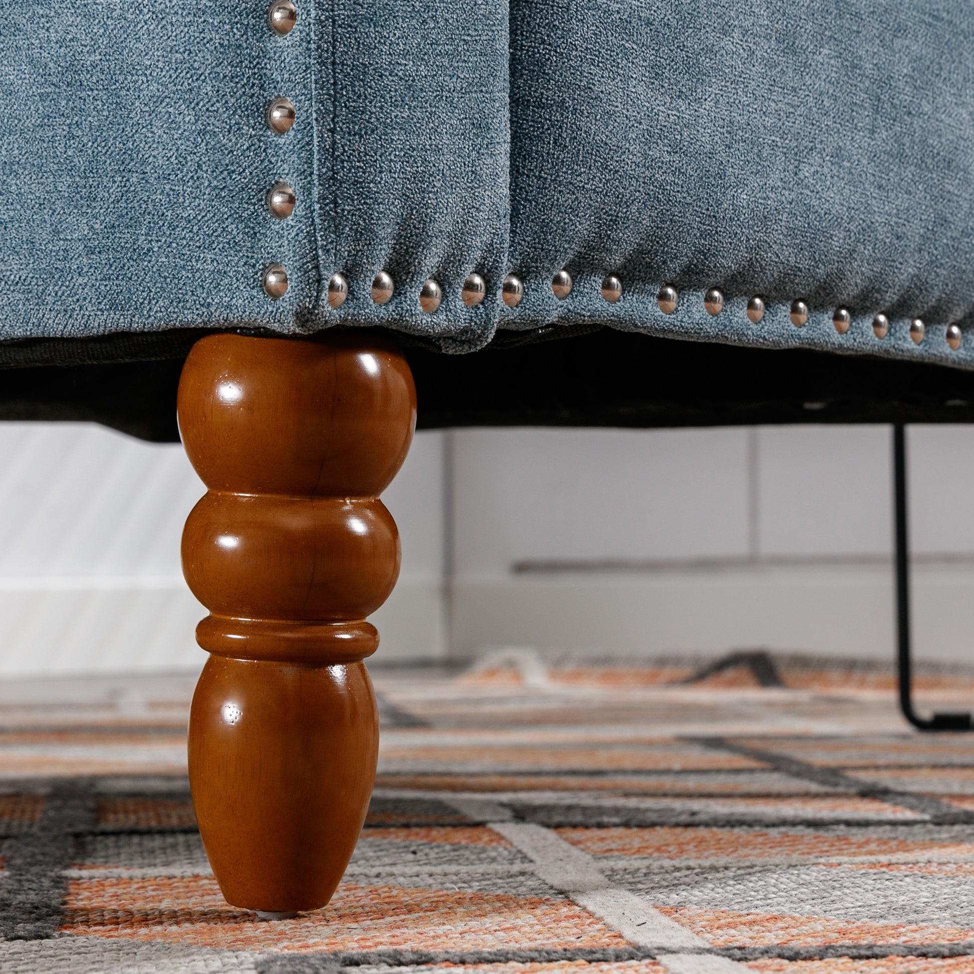 Blue Accent Chair, Living Room Chair, Footrest Chair Set With Vintage Brass Studs, Button Tufted Upholstered Armchair For Living Room, Comfy Reading Chair For Bedroom, Reception Room Blue Linen