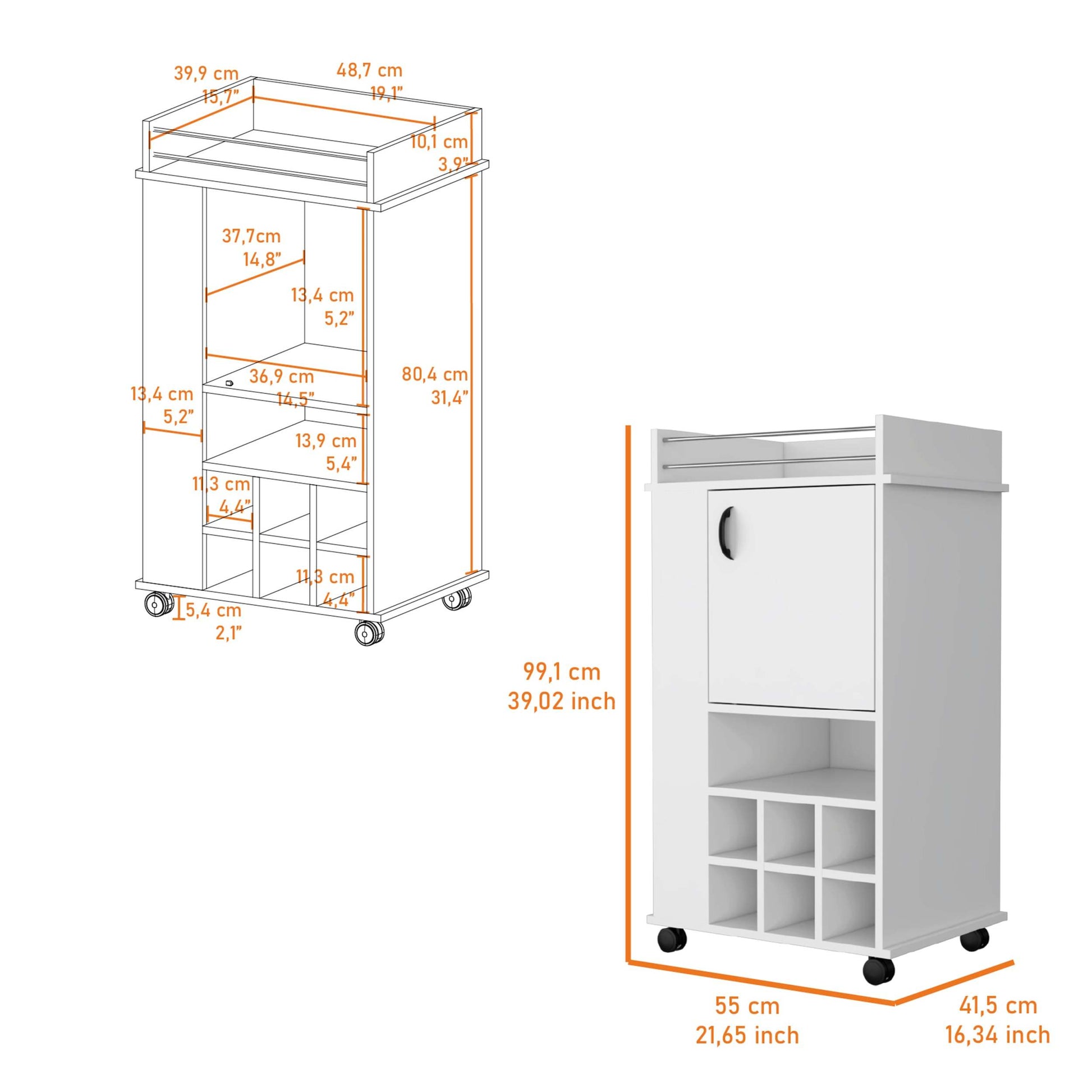 Allandale 1 Door Bar Cart With Wine Rack And Casters White White Engineered Wood