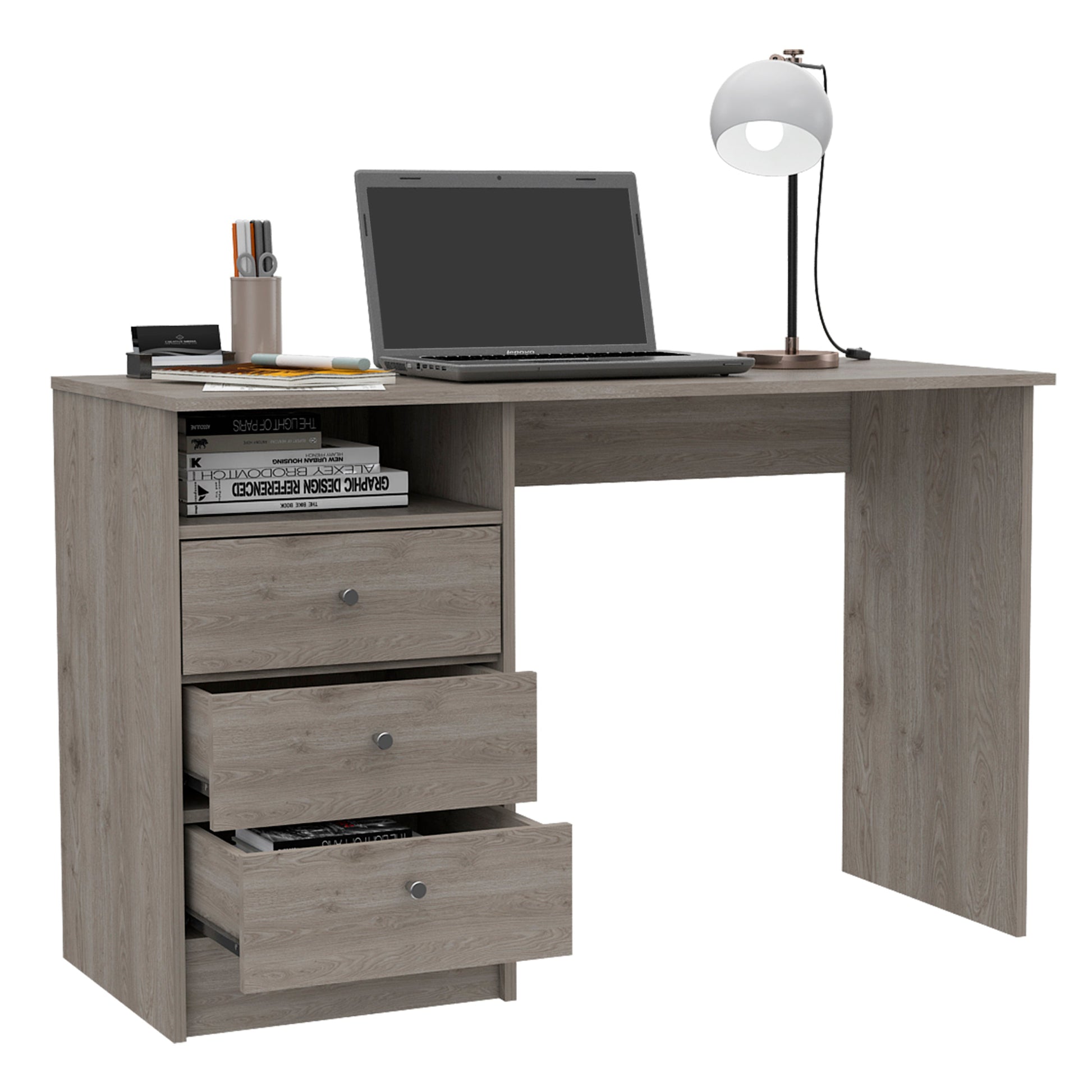 Providence 3 Drawer Writing Desk With Open Compartment Light Gray Gray Engineered Wood