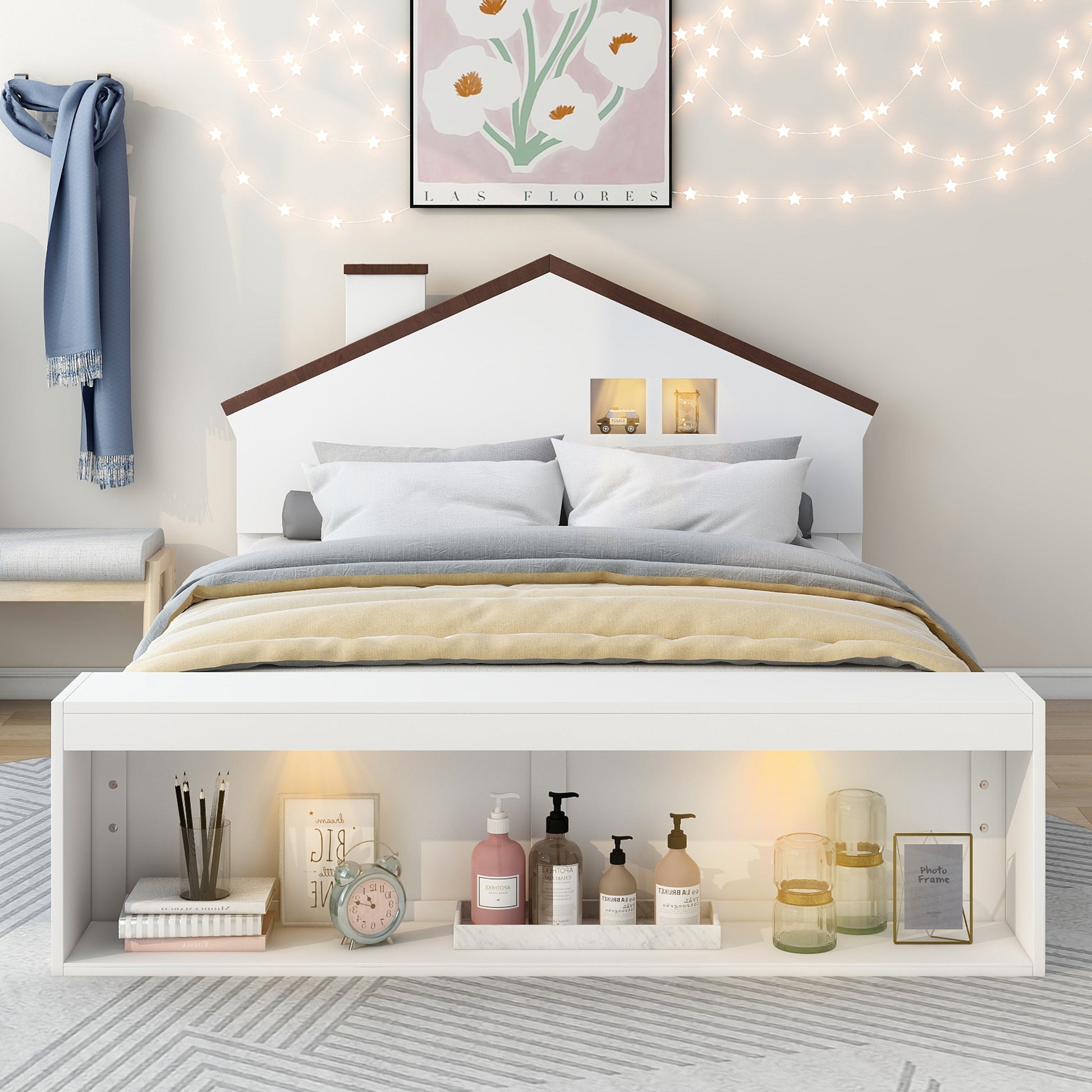 Full Size House Platform Bed With Led Lights And Storage, White Box Spring Not Required Full White Wood Bedroom Bed Frame Wood