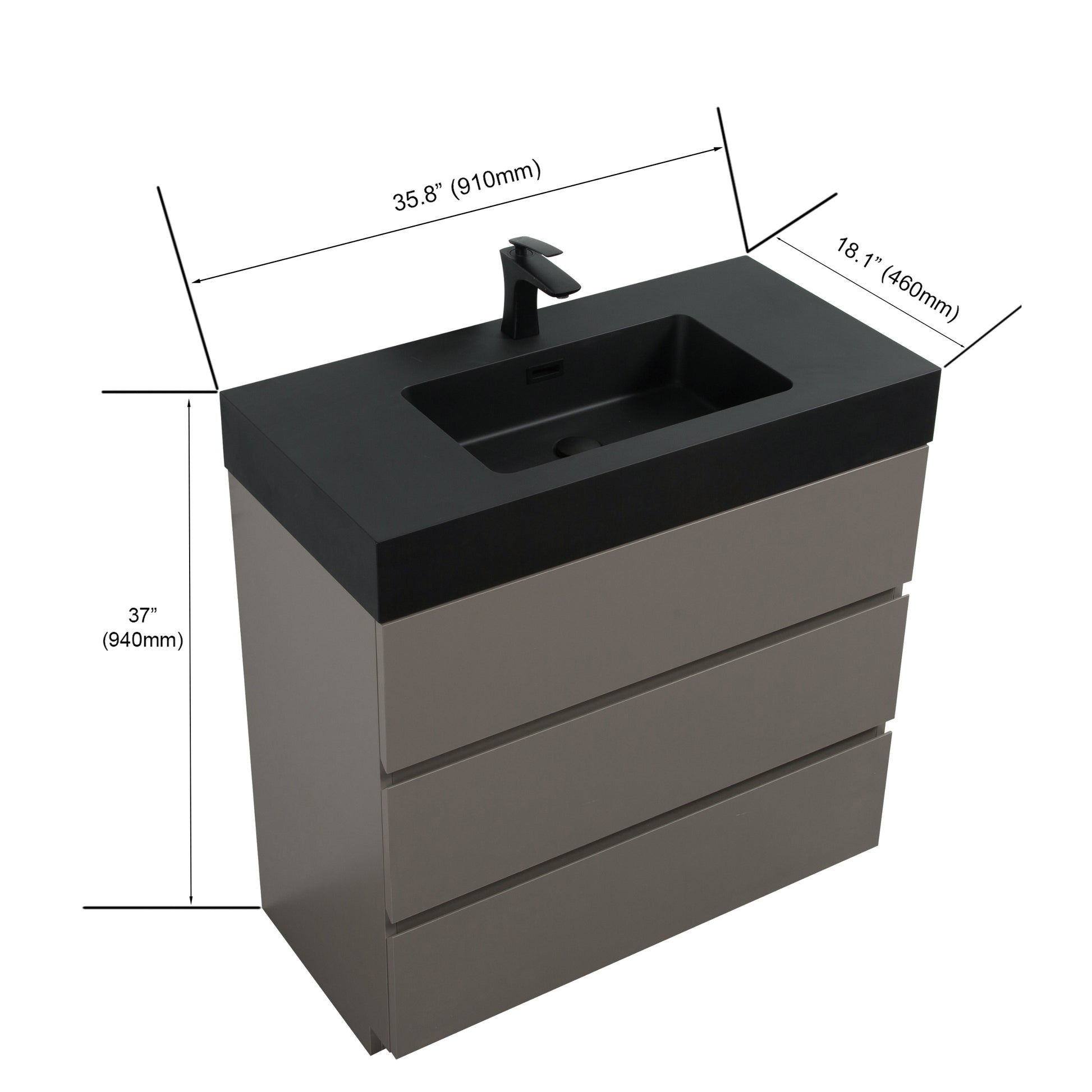 Alice 36" Gray Bathroom Vanity With Sink, Large Storage Freestanding Bathroom Vanity For Modern Bathroom, One Piece Black Sink Basin Without Drain And Faucet, Pre Assembled Black Gray Melamine