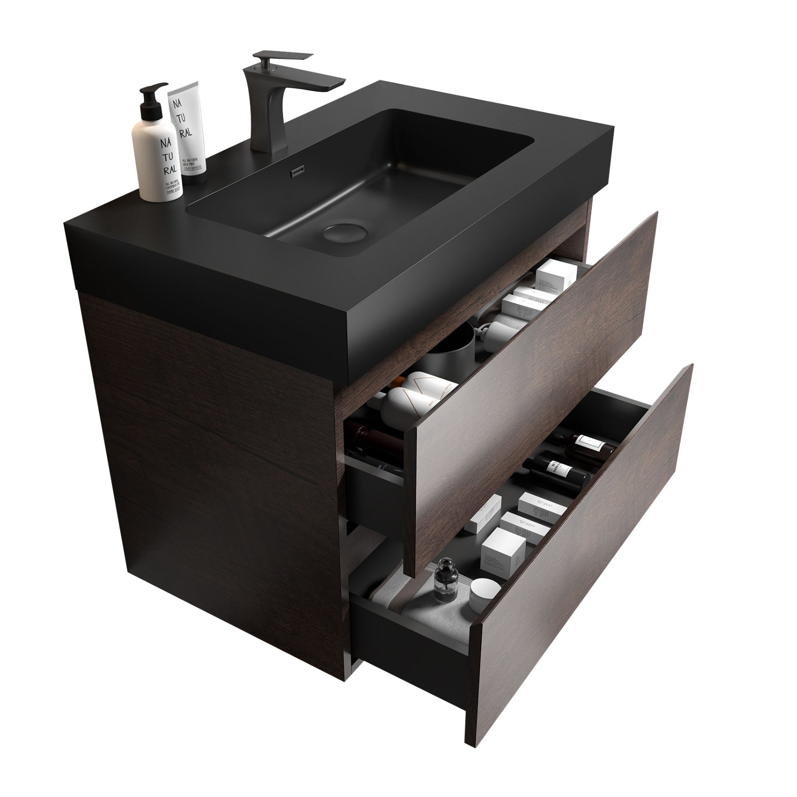 Alice 30" Walnut Bathroom Vanity With Sink, Large Storage Wall Mounted Floating Bathroom Vanity For Modern Bathroom, One Piece Black Sink Basin Without Drain And Faucet, Pre Assembled Walnut Black