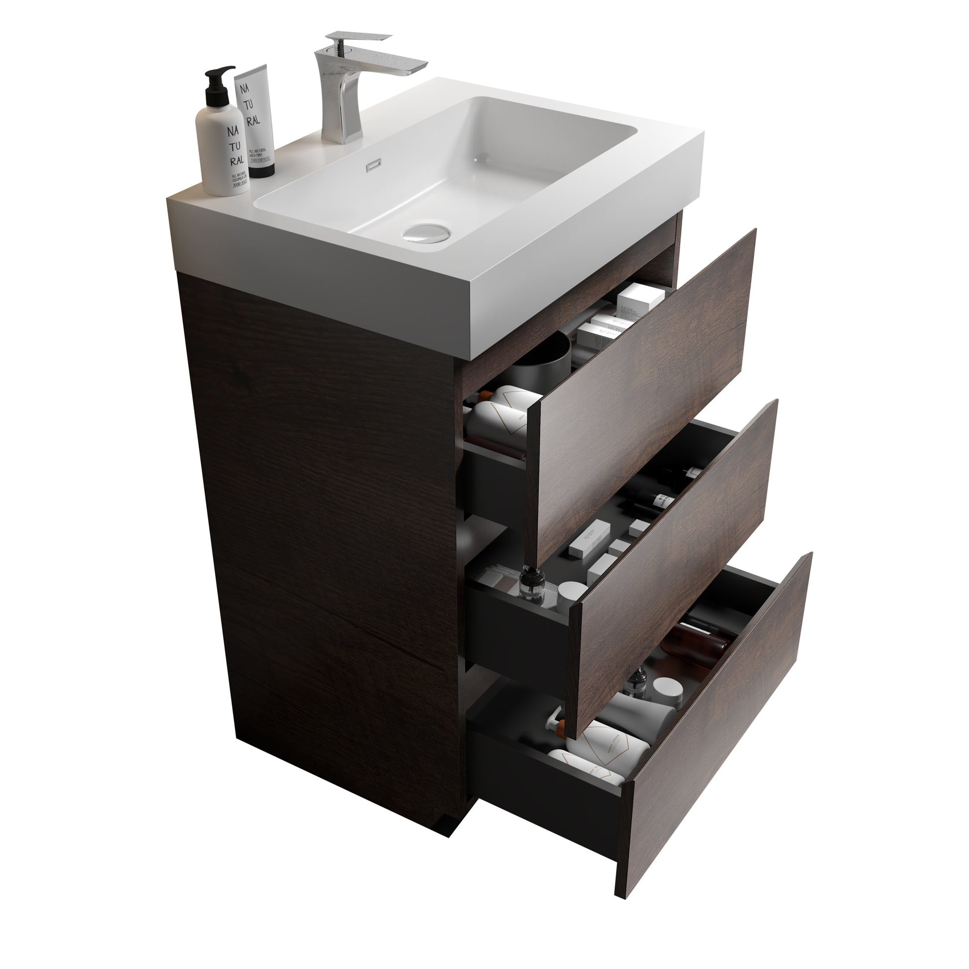 Alice 24" Walnut Bathroom Vanity With Sink, Large Storage Freestanding Bathroom Vanity For Modern Bathroom, One Piece White Sink Basin Without Drain And Faucet, Pre Assembled White Walnut Melamine