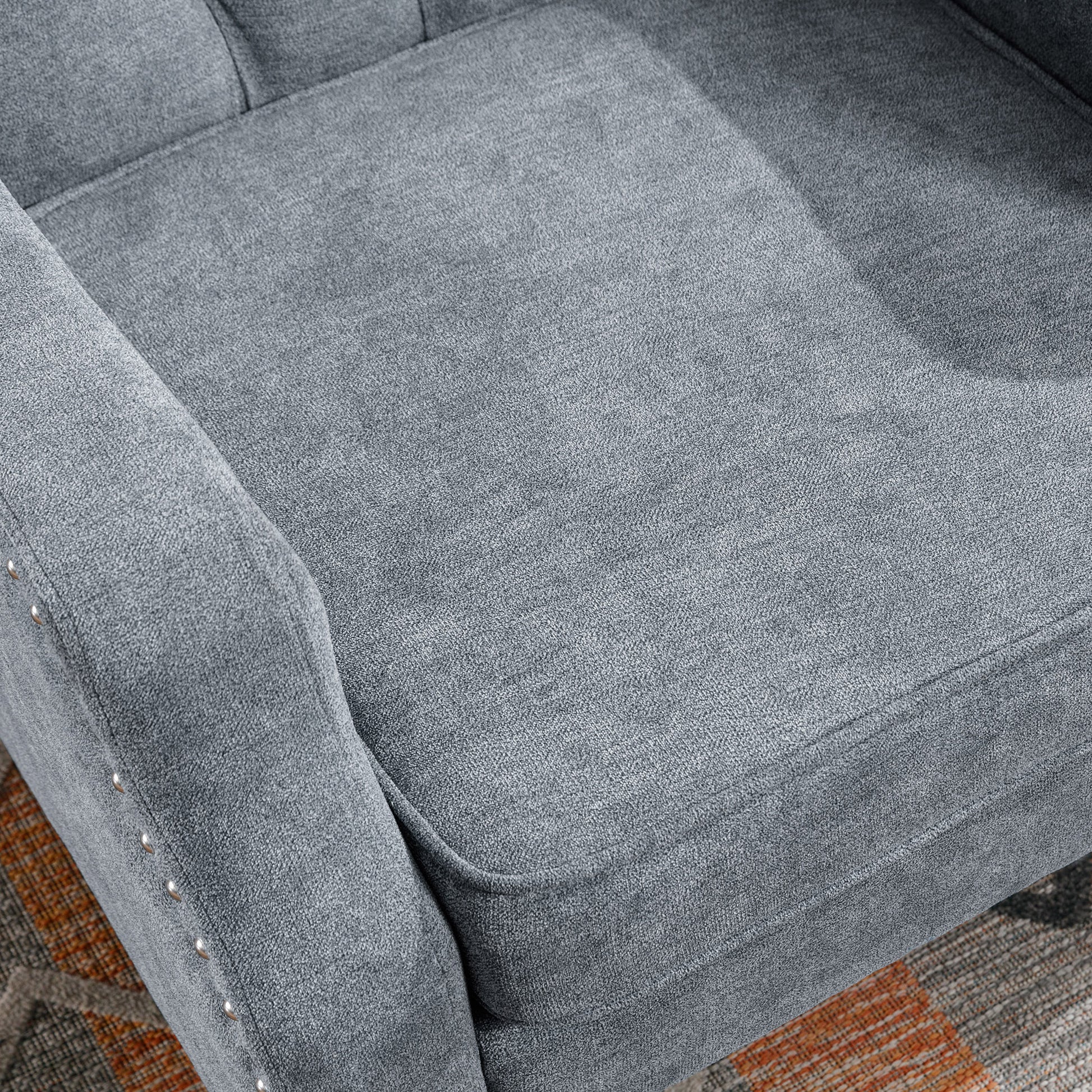 Grey Accent Chair, Living Room Chair, Footrest Chair Set With Vintage Brass Studs, Button Tufted Upholstered Armchair For Living Room, Comfy Reading Chair For Bedroom, Reception Room Grey Linen