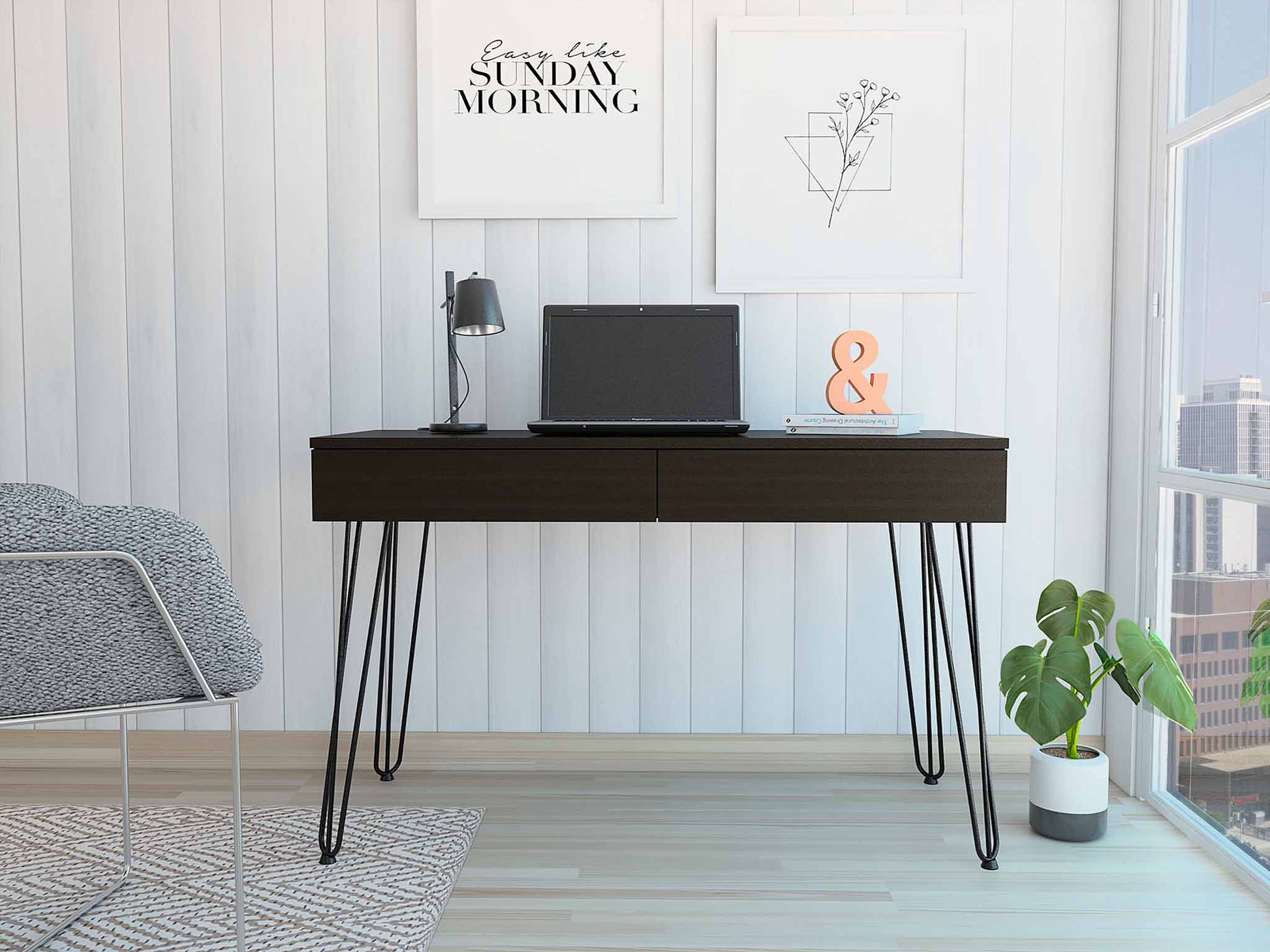 Black 2 Drawer Writing Desk With Hairpin Legs Black Engineered Wood