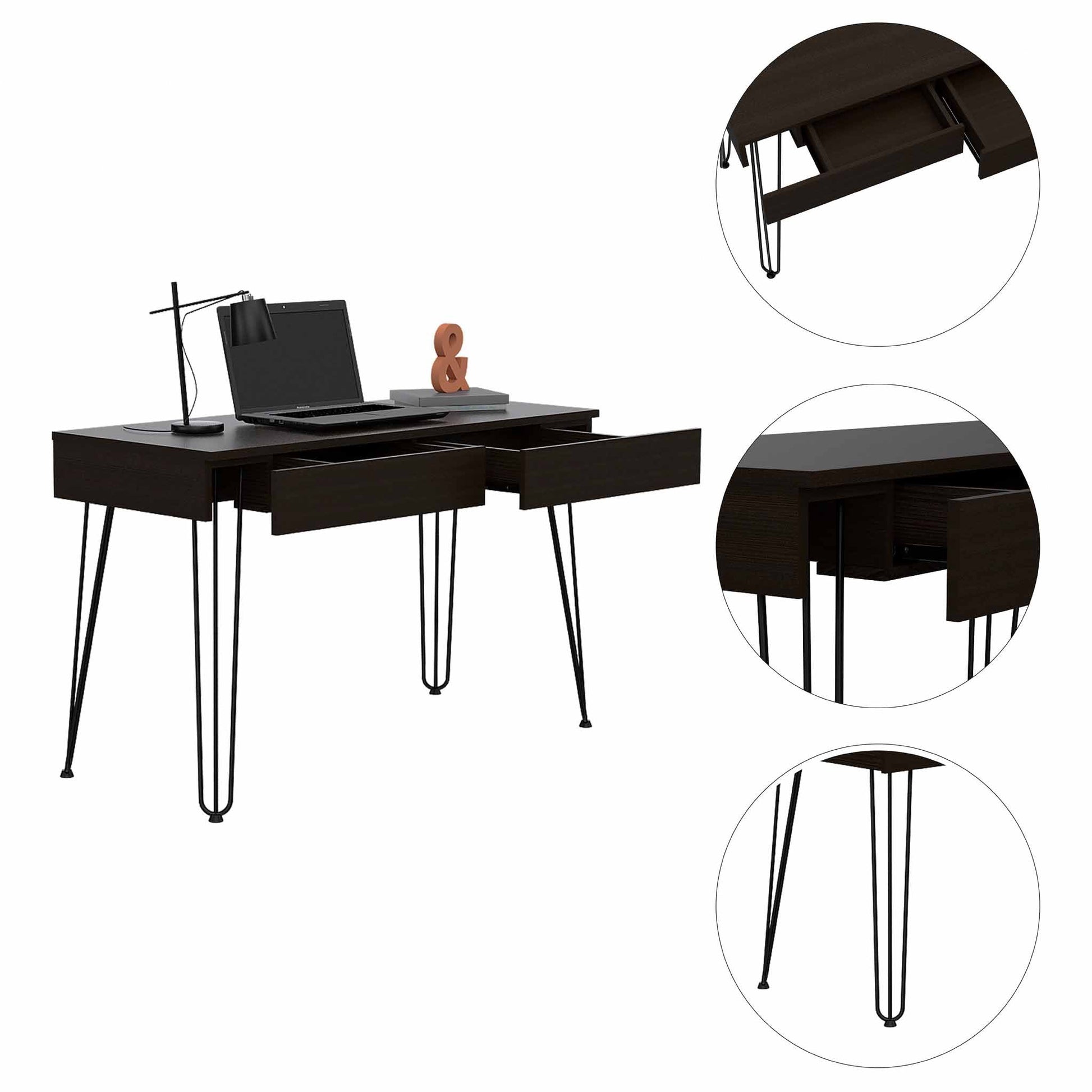 Black 2 Drawer Writing Desk With Hairpin Legs Black Engineered Wood