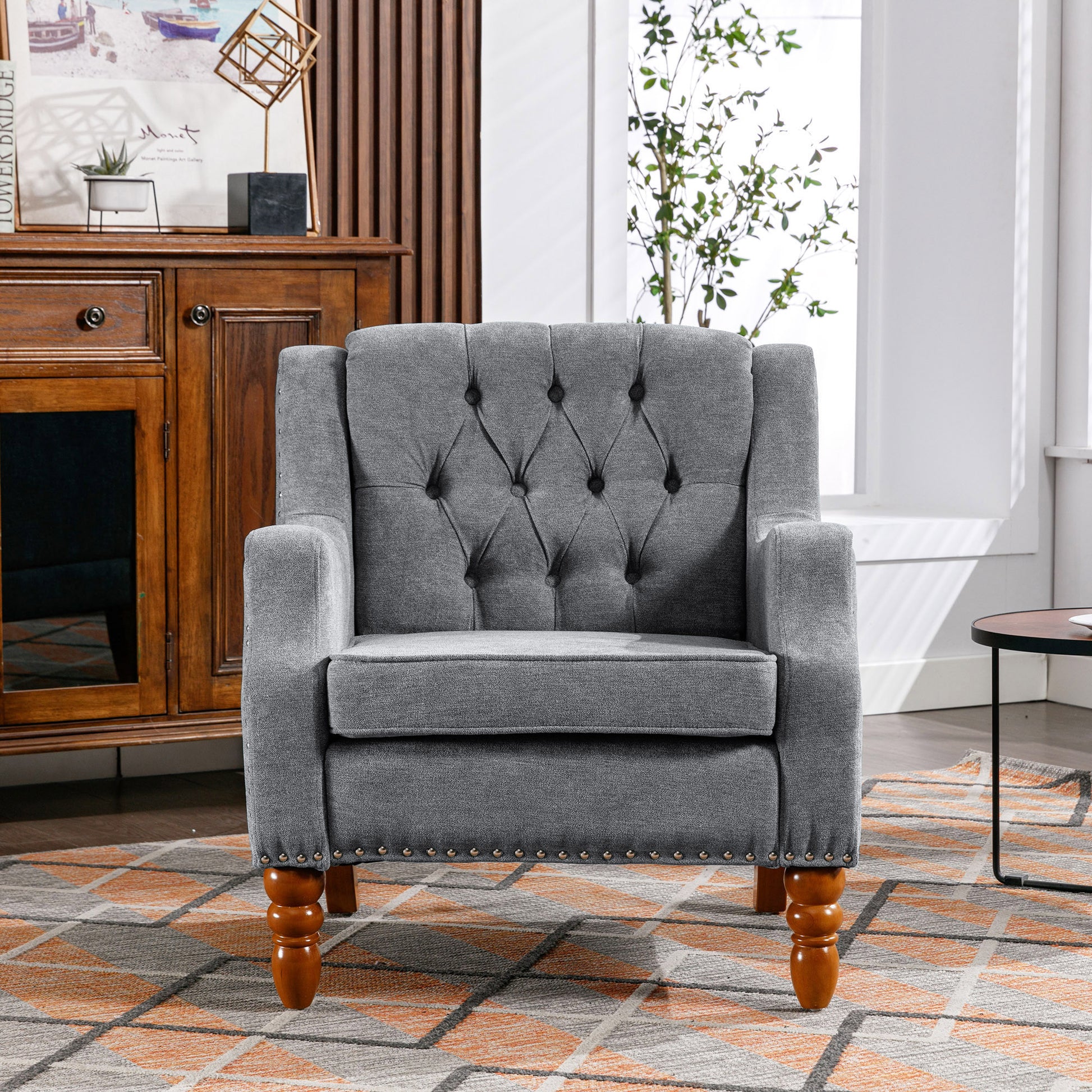 Grey Accent Chair, Living Room Chair, Footrest Chair Set With Vintage Brass Studs, Button Tufted Upholstered Armchair For Living Room, Comfy Reading Chair For Bedroom, Reception Room Grey Linen