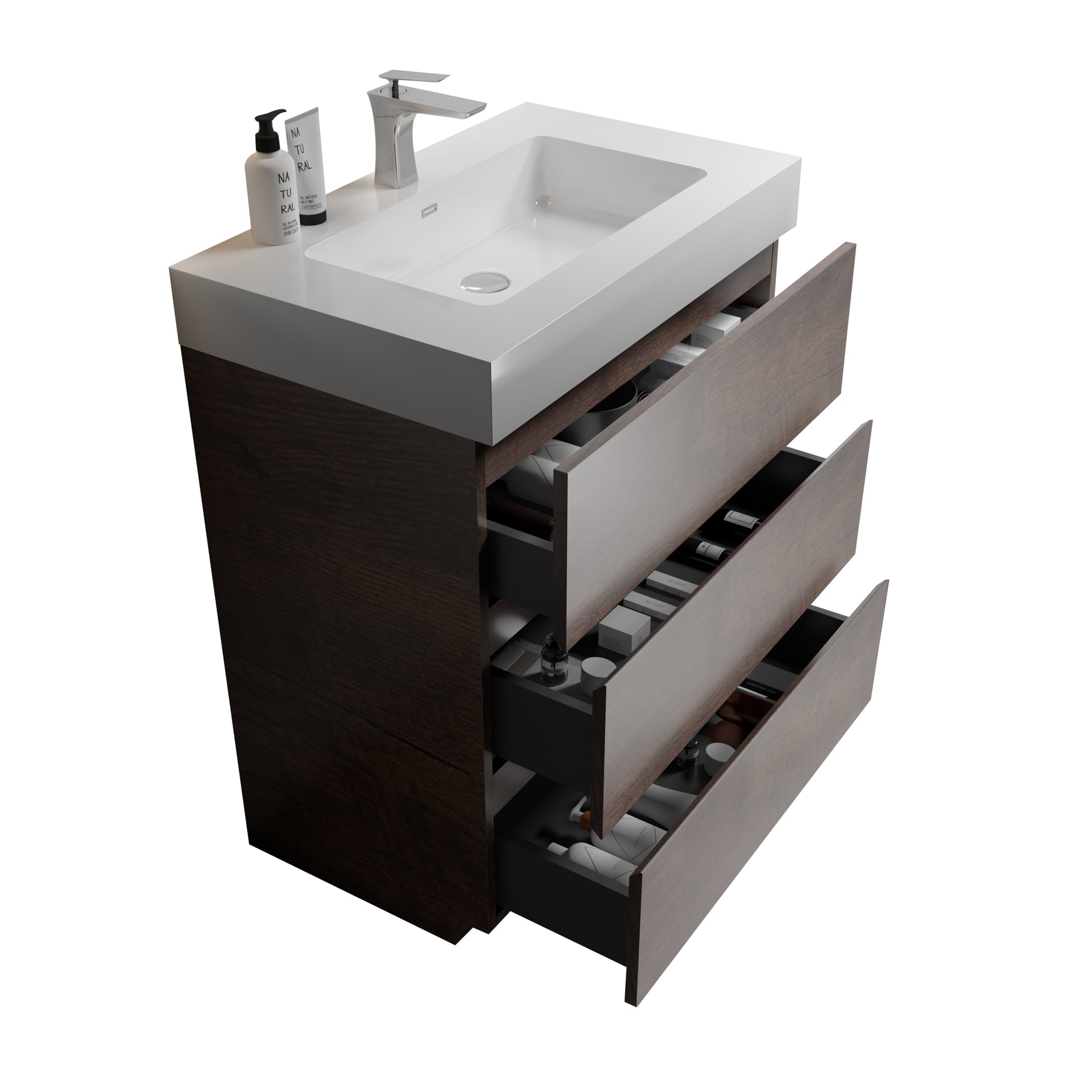 Alice 30" Walnut Bathroom Vanity With Sink, Large Storage Freestanding Bathroom Vanity For Modern Bathroom, One Piece White Sink Basin Without Drain And Faucet, Pre Assembled White Walnut Melamine