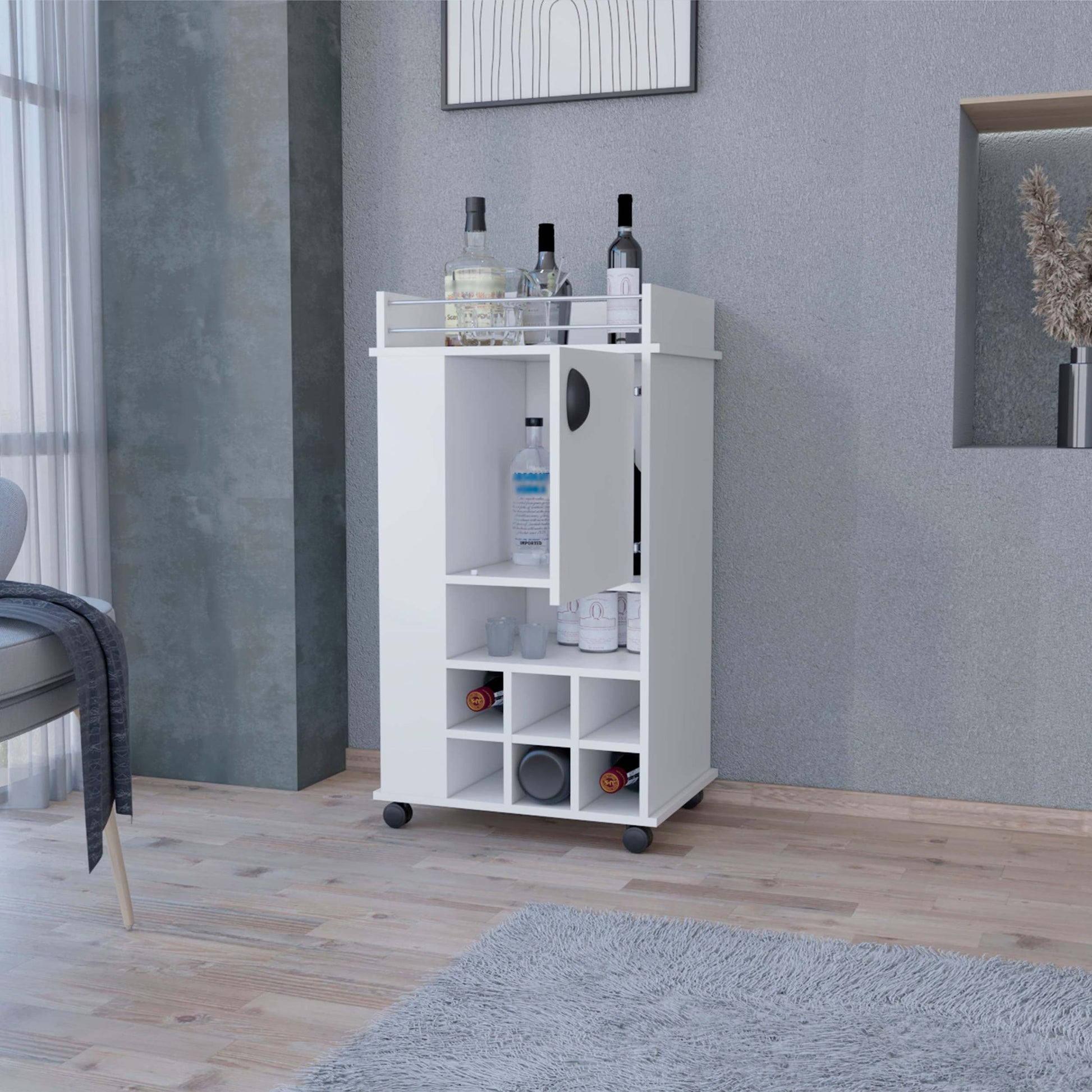 Allandale 1 Door Bar Cart With Wine Rack And Casters White White Engineered Wood