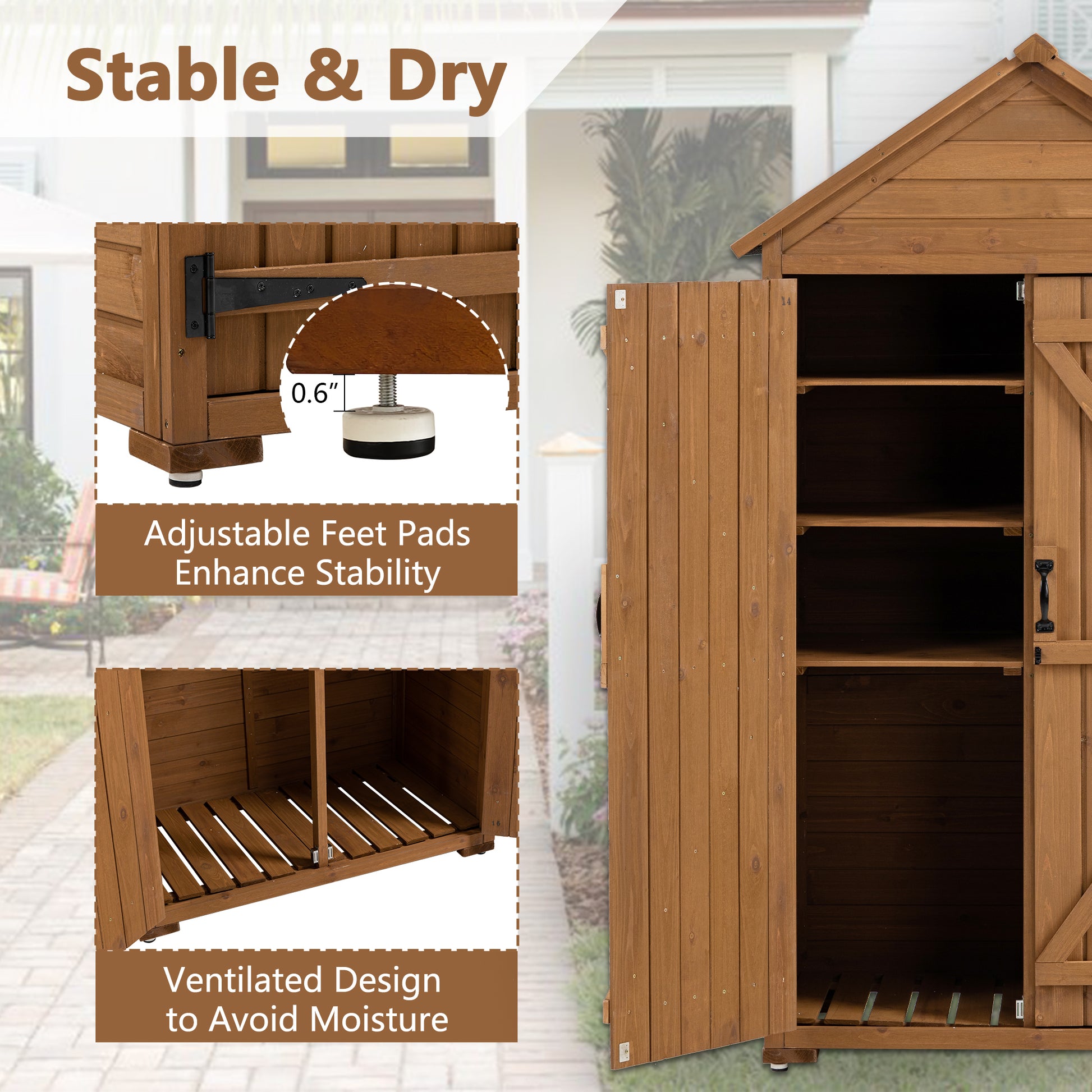 Outdoor Storage Cabinet, Garden Wood Tool Shed, Outside Wooden Shed Closet With Shelves And Latch For Yard 39.56"X 22.04"X 68.89" Yellow Brown Wood Stainless Steel