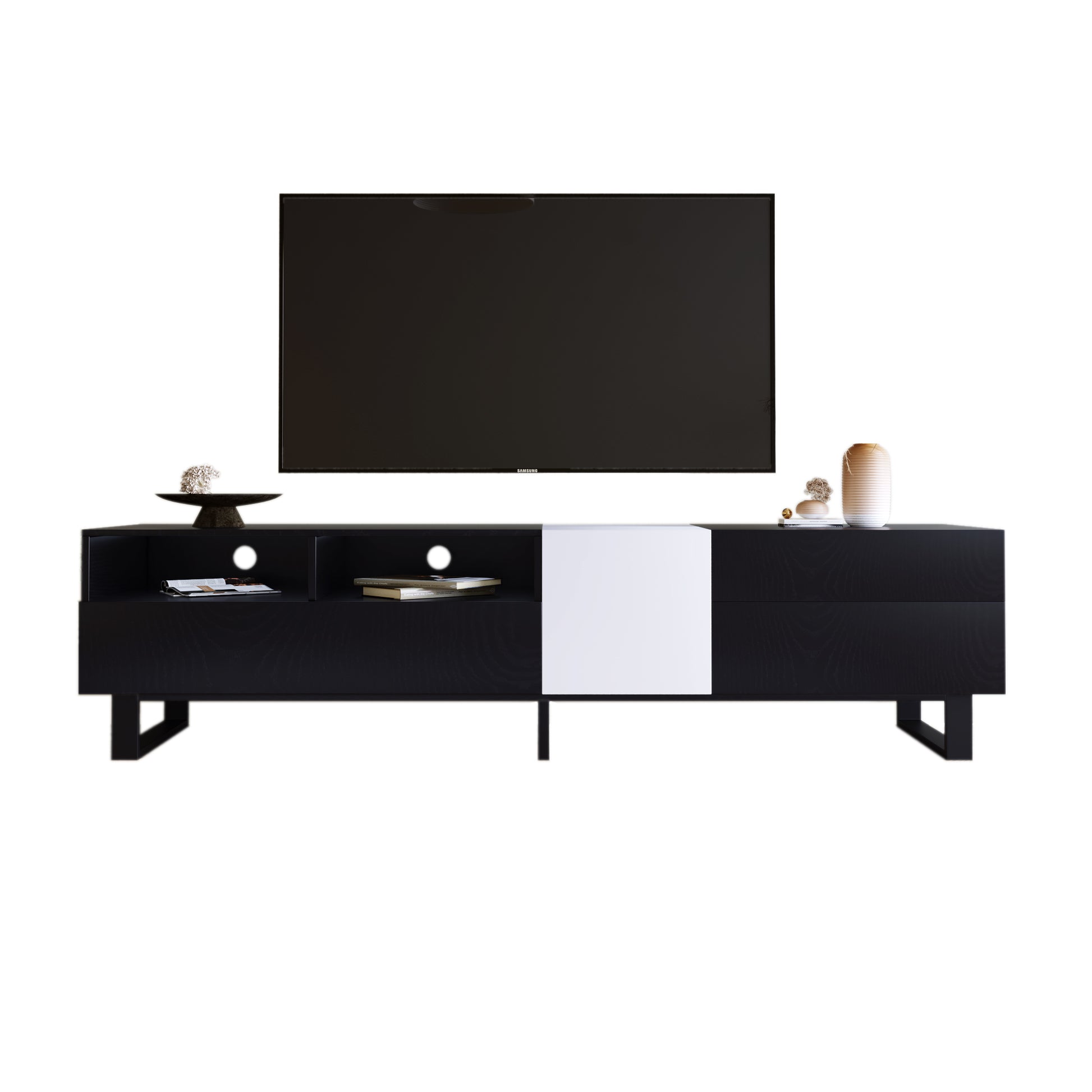 Modern Tv Stand For 80'' Tv With Double Storage Space, Media Console Table, Entertainment Center With Drop Down Door For Living Room, Bedroom, Home Theatre Black 70 79 Inches Mdf