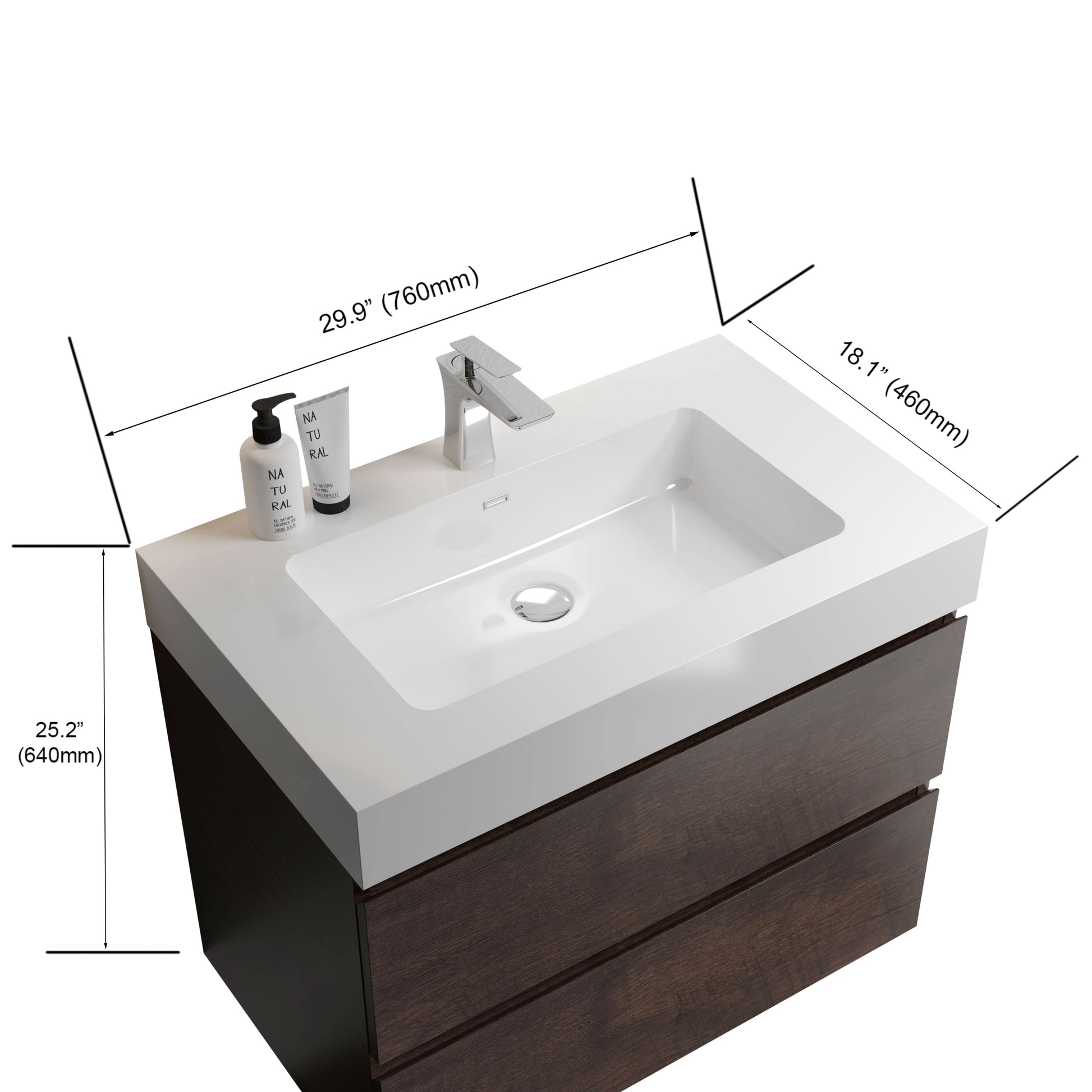 Alice 30" Walnut Bathroom Vanity With Sink, Large Storage Wall Mounted Floating Bathroom Vanity For Modern Bathroom, One Piece White Sink Basin Without Drain And Faucet, Pre Assembled White Walnut Melamine