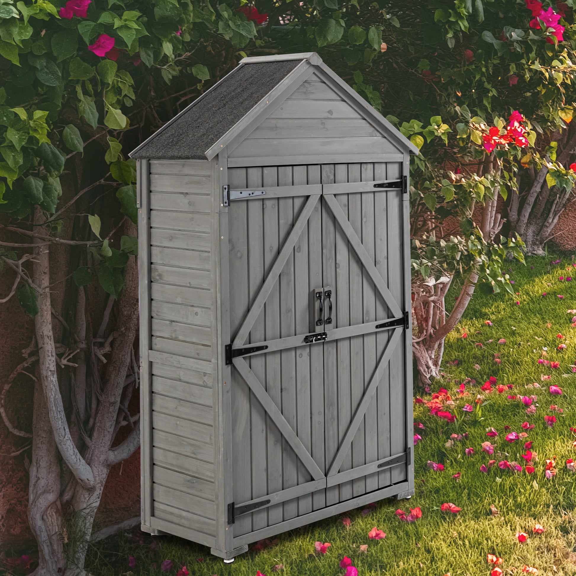 Outdoor Storage Cabinet, Garden Wood Tool Shed, Outside Wooden Shed Closet With Shelves And Latch For Yard 39.56"X 22.04"X 68.89" Grey Wood Stainless Steel