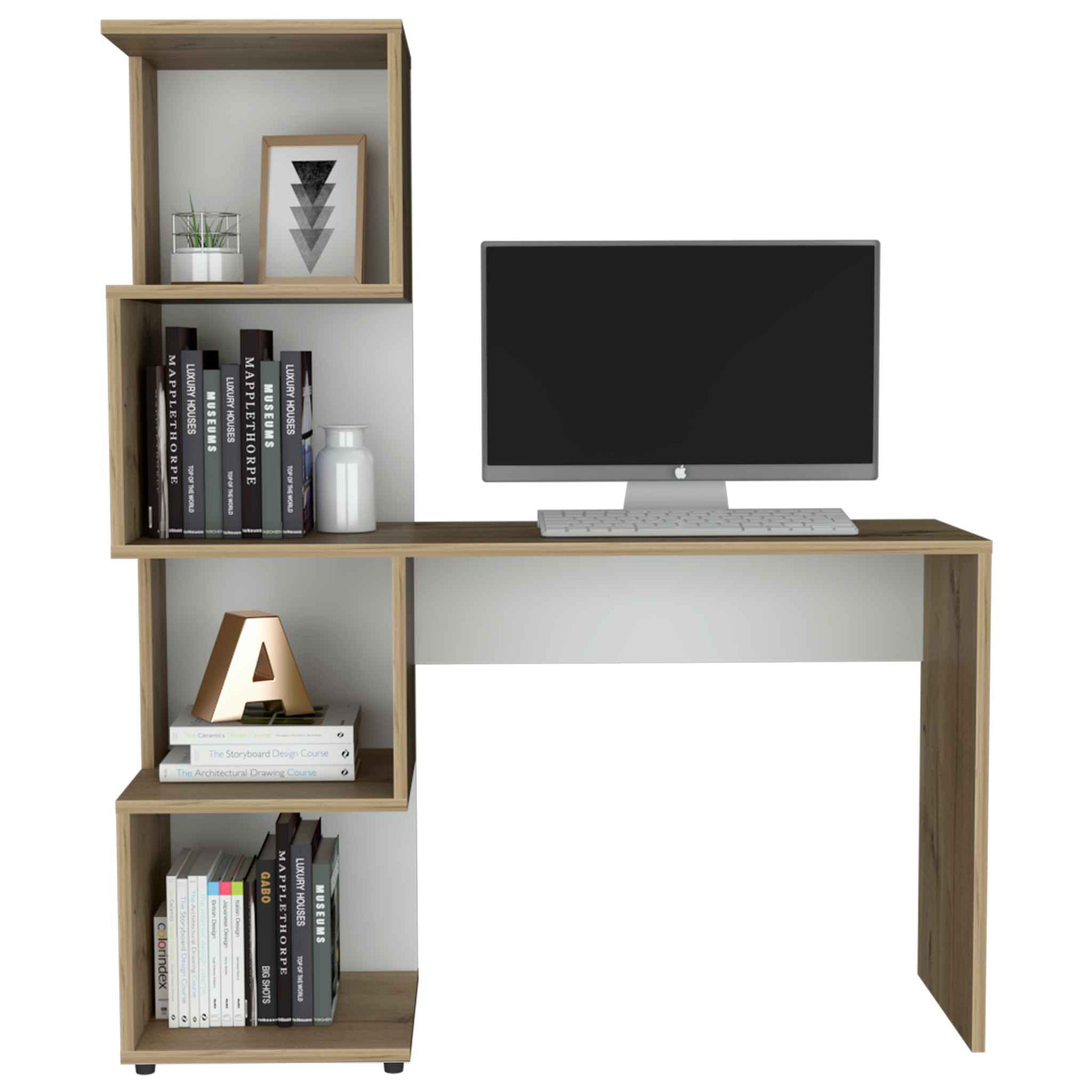 Light Oak And White Writing Desk With Geometric Bookcase Brown Engineered Wood