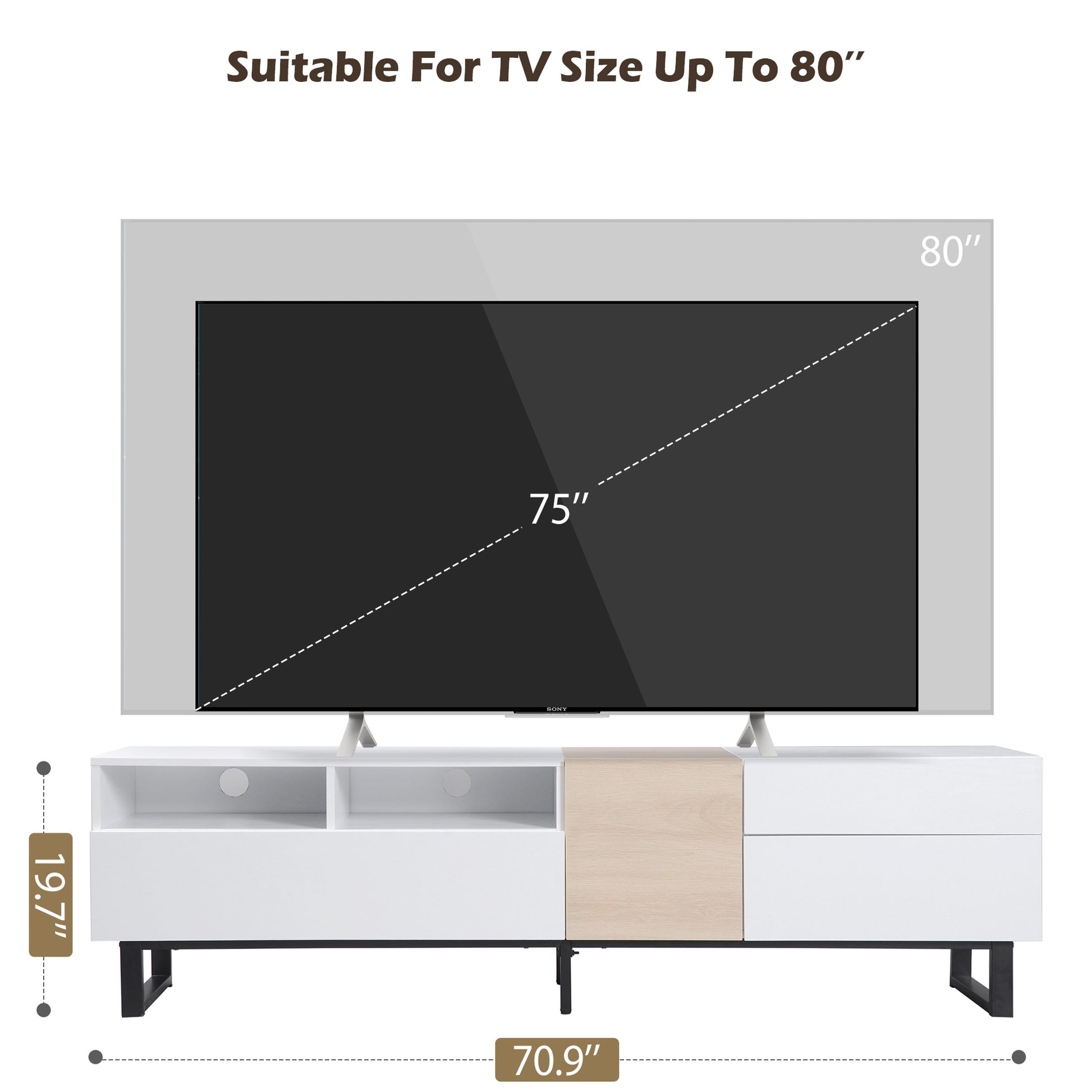 Modern Tv Stand For 80'' Tv With Double Storage Space, Media Console Table, Entertainment Center With Drop Down Door For Living Room, Bedroom, Home Theatre White 70 79 Inches Mdf