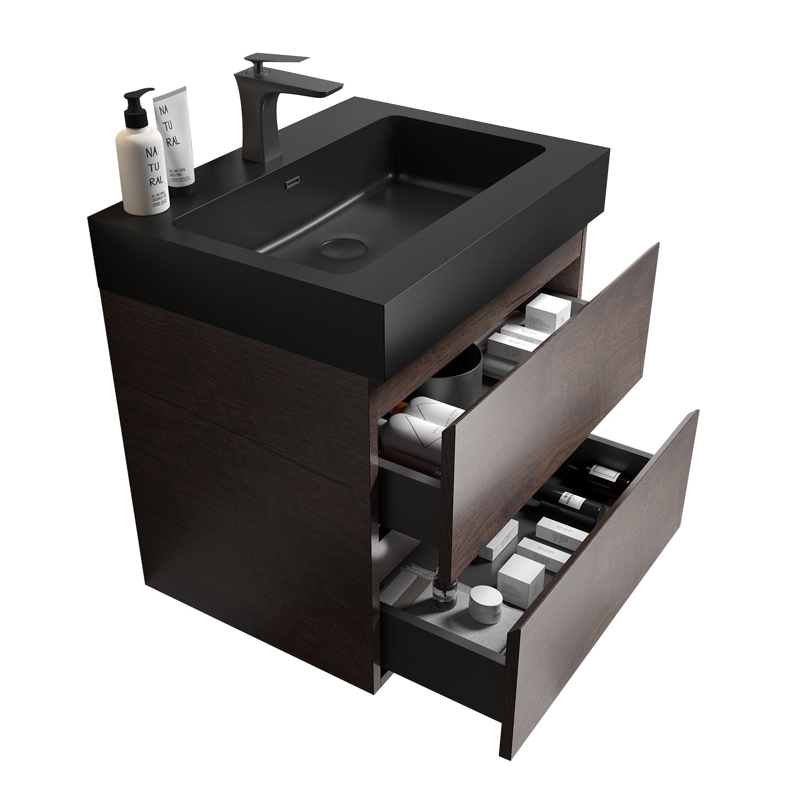 Alice 24" Walnut Bathroom Vanity With Sink, Large Storage Wall Mounted Floating Bathroom Vanity For Modern Bathroom, One Piece Black Sink Basin Without Drain And Faucet, Pre Assembled Walnut Black Melamine