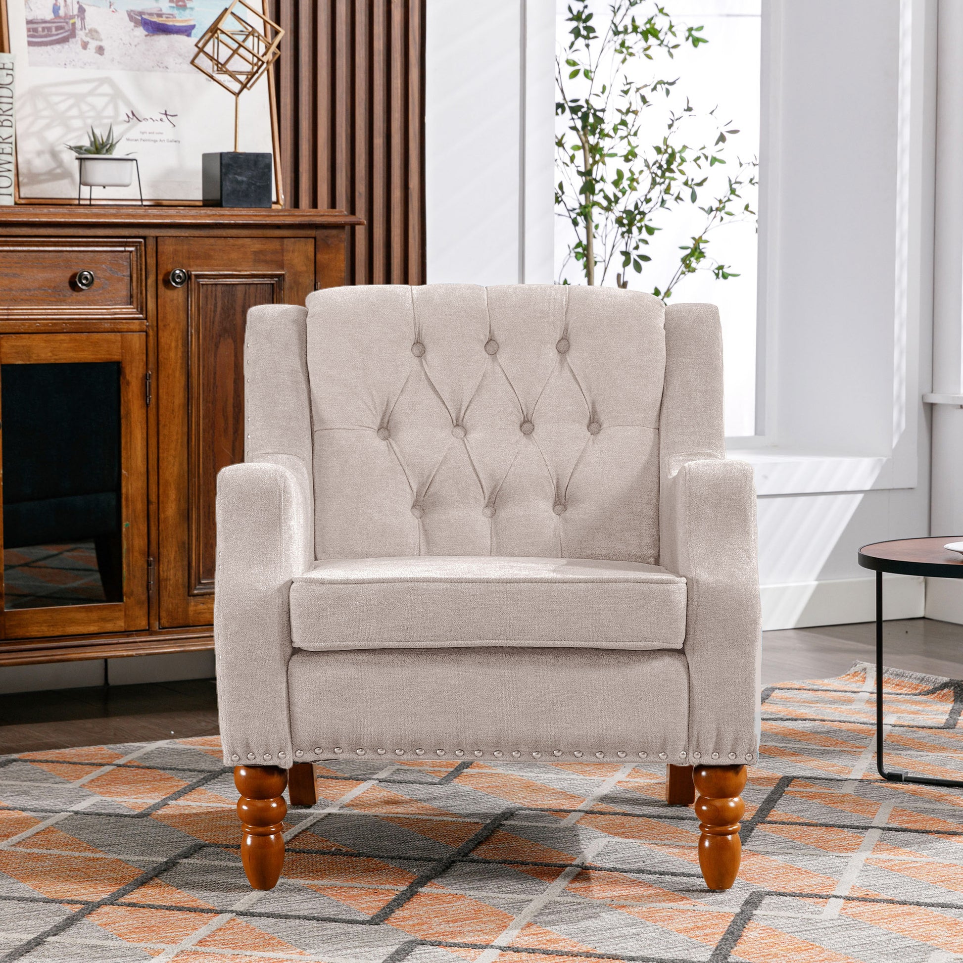 Beige Accent Chair, Living Room Chair, Footrest Chair Set With Vintage Brass Studs, Button Tufted Upholstered Armchair For Living Room, Comfy Reading Chair For Bedroom, Reception Room Beige Linen