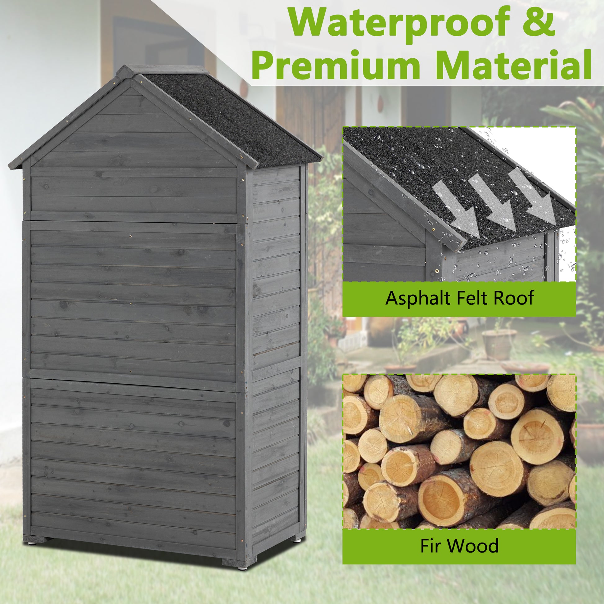Outdoor Storage Cabinet, Garden Wood Tool Shed, Outside Wooden Shed Closet With Shelves And Latch For Yard 39.56"X 22.04"X 68.89" Grey Wood Stainless Steel