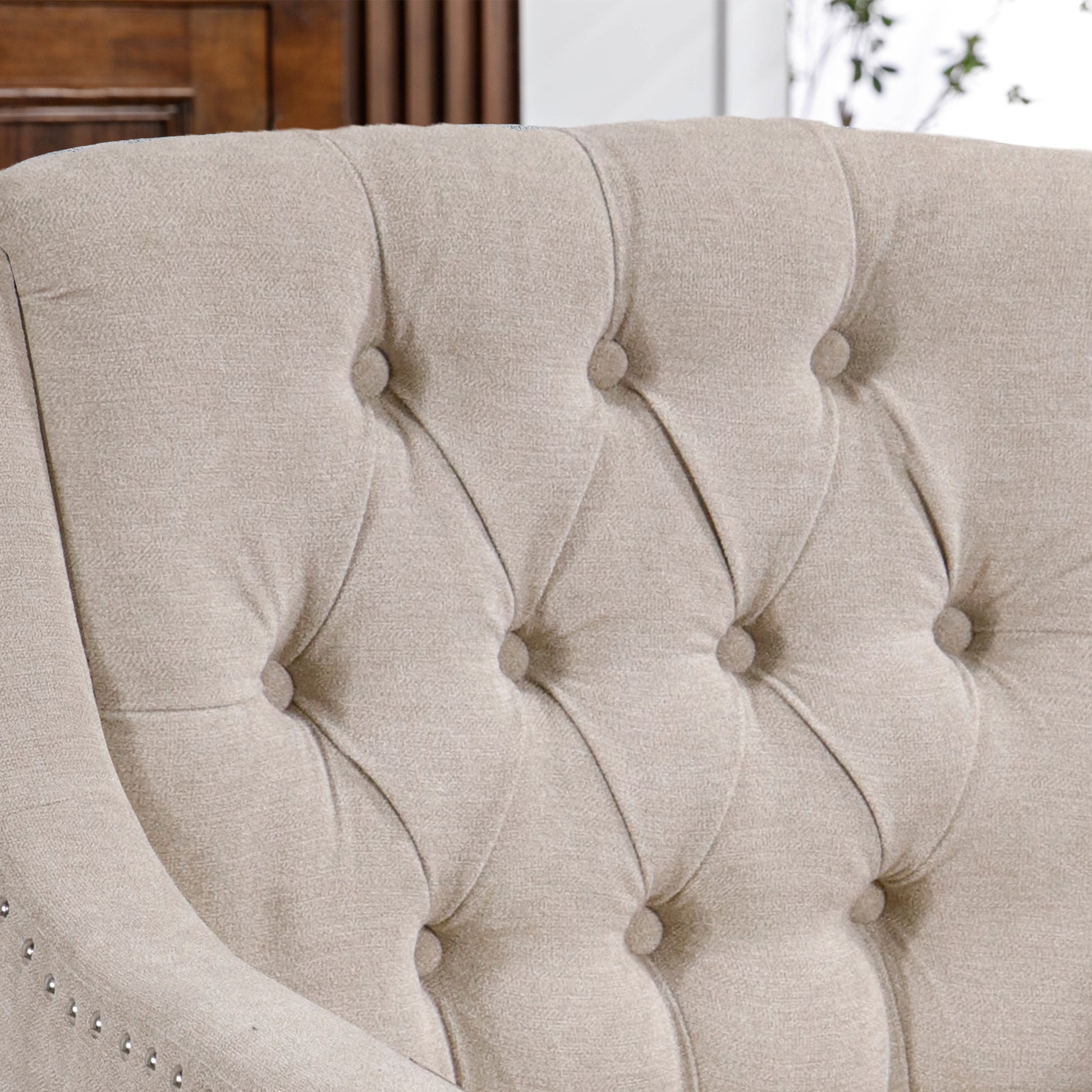 Beige Accent Chair, Living Room Chair, Footrest Chair Set With Vintage Brass Studs, Button Tufted Upholstered Armchair For Living Room, Comfy Reading Chair For Bedroom, Reception Room Beige Linen