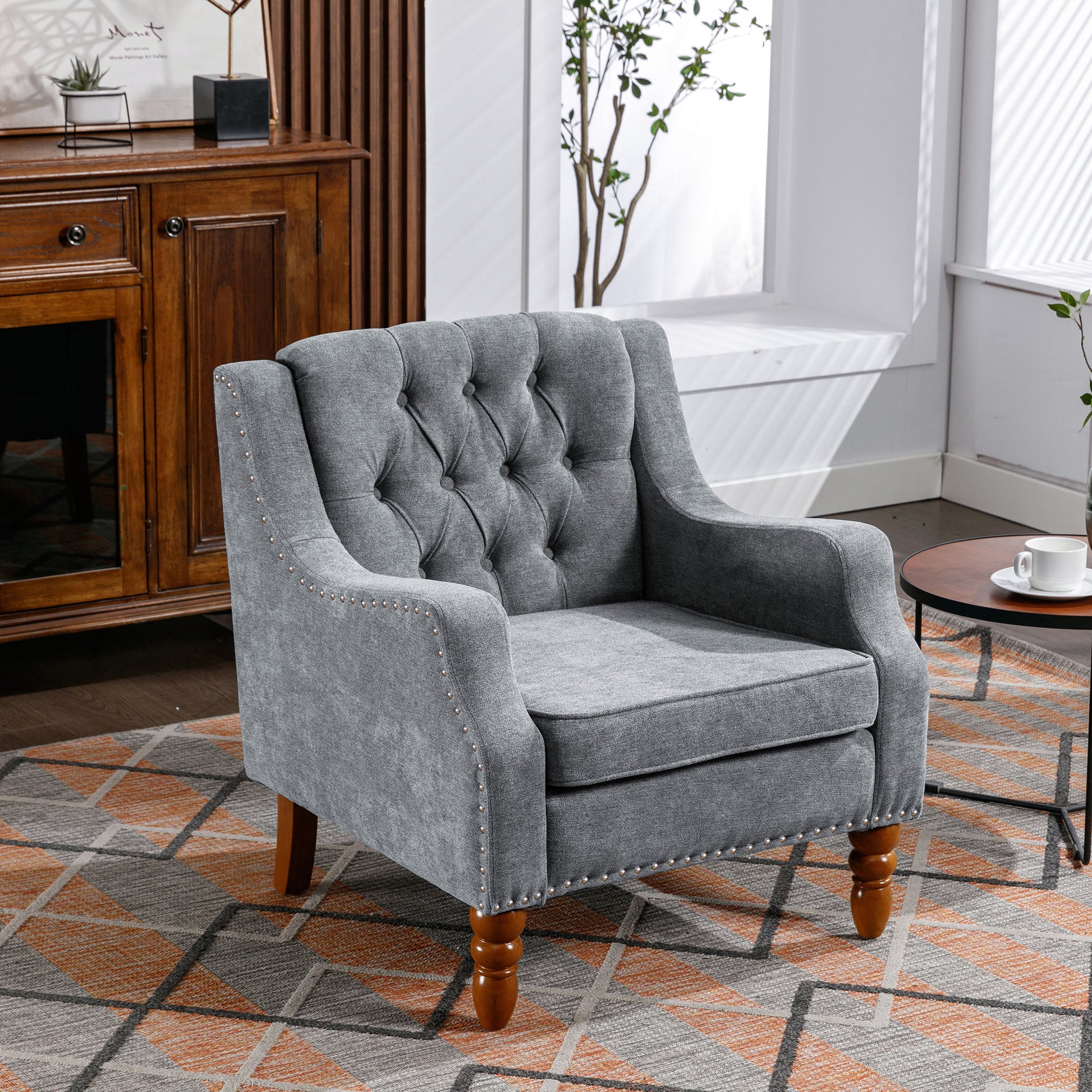 Grey Accent Chair, Living Room Chair, Footrest Chair Set With Vintage Brass Studs, Button Tufted Upholstered Armchair For Living Room, Comfy Reading Chair For Bedroom, Reception Room Grey Linen