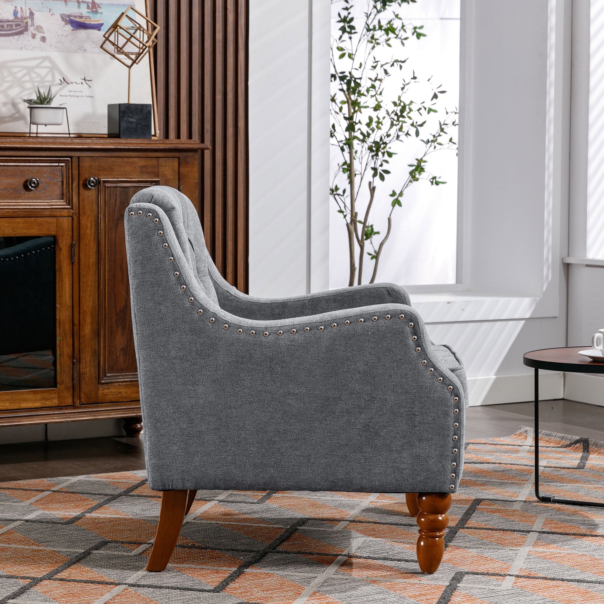 Grey Accent Chair, Living Room Chair, Footrest Chair Set With Vintage Brass Studs, Button Tufted Upholstered Armchair For Living Room, Comfy Reading Chair For Bedroom, Reception Room Grey Linen