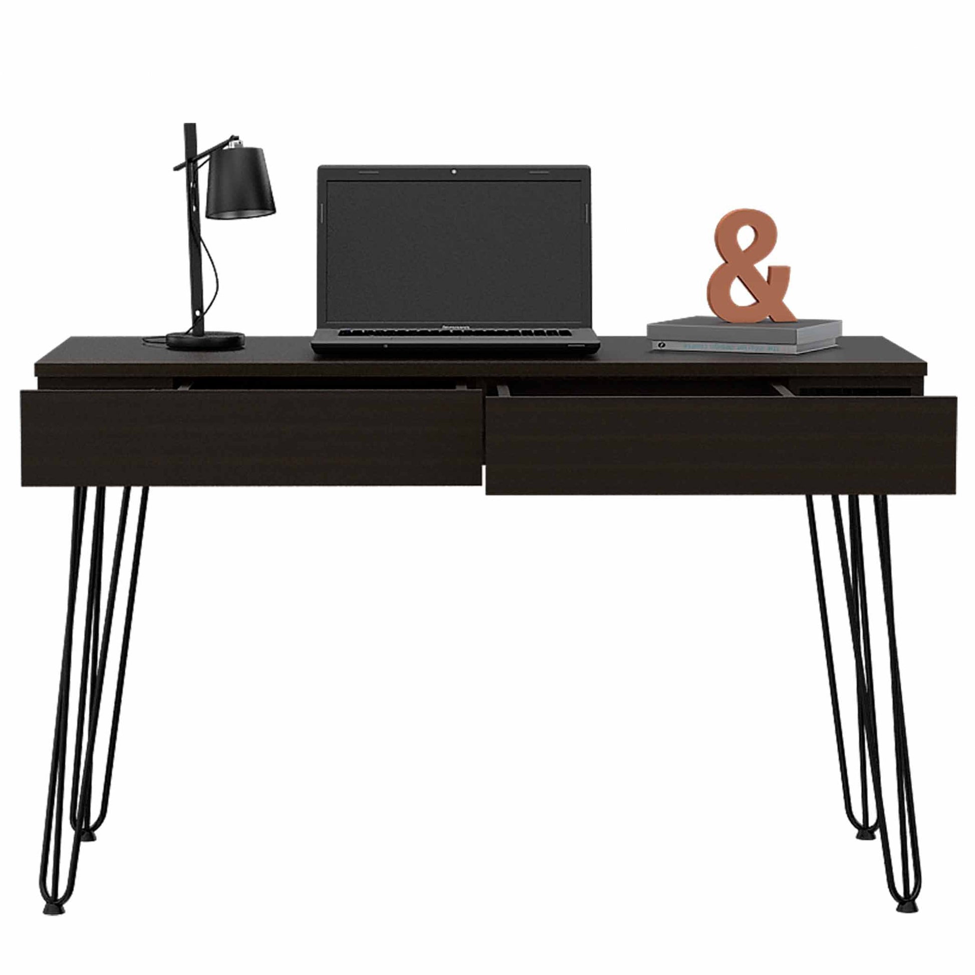 Black 2 Drawer Writing Desk With Hairpin Legs Black Engineered Wood