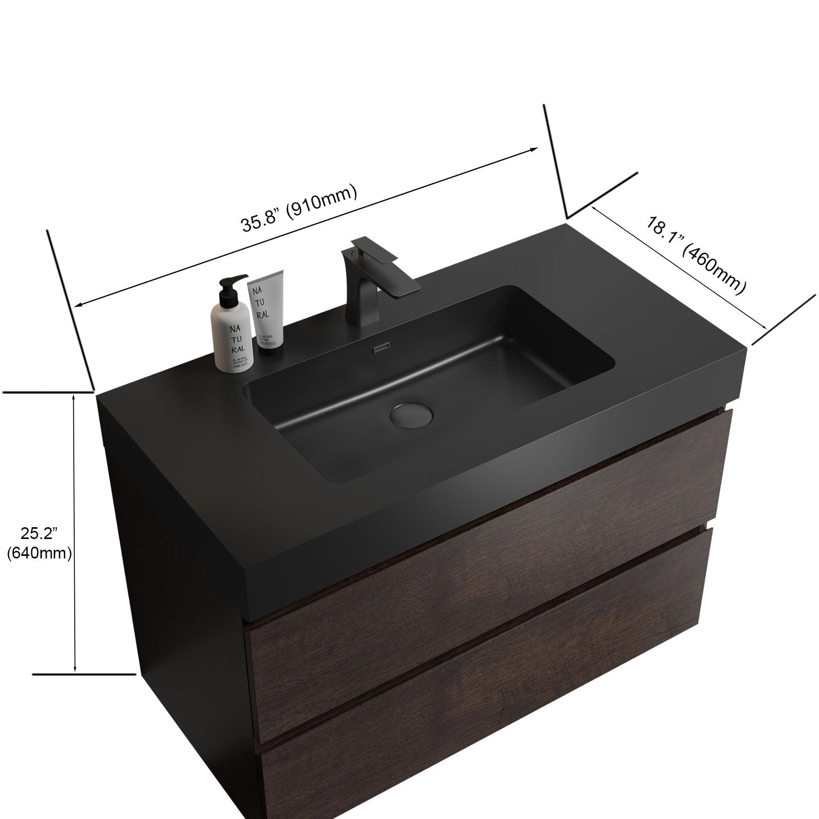 Alice 36" Walnut Bathroom Vanity With Sink, Large Storage Wall Mounted Floating Bathroom Vanity For Modern Bathroom, One Piece Black Sink Basin Without Drain And Faucet, Pre Assembled Walnut Black Melamine