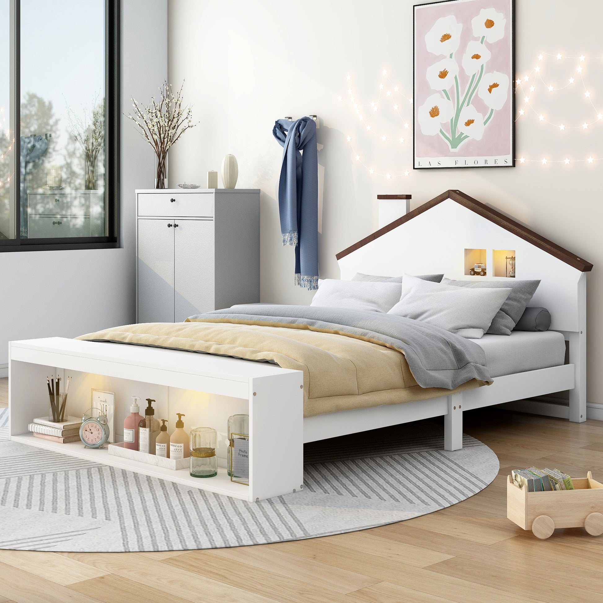 Full Size House Platform Bed With Led Lights And Storage, White Box Spring Not Required Full White Wood Bedroom Bed Frame Wood