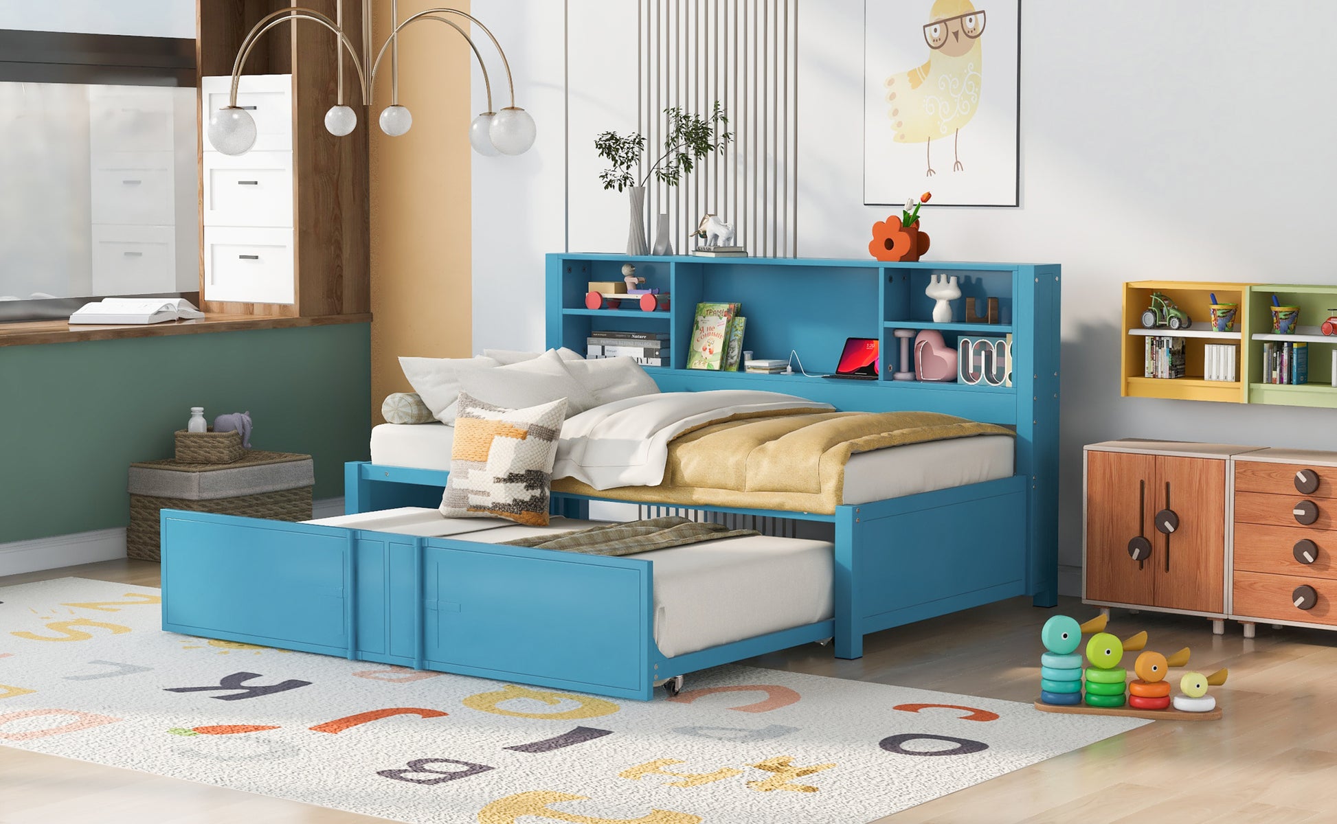 Metal Twin Size Daybed With Twin Size Trundle, Storage Shelves And Usb Ports, Blue Box Spring Not Required Twin Blue Metal Bed Frame Metal & Wood