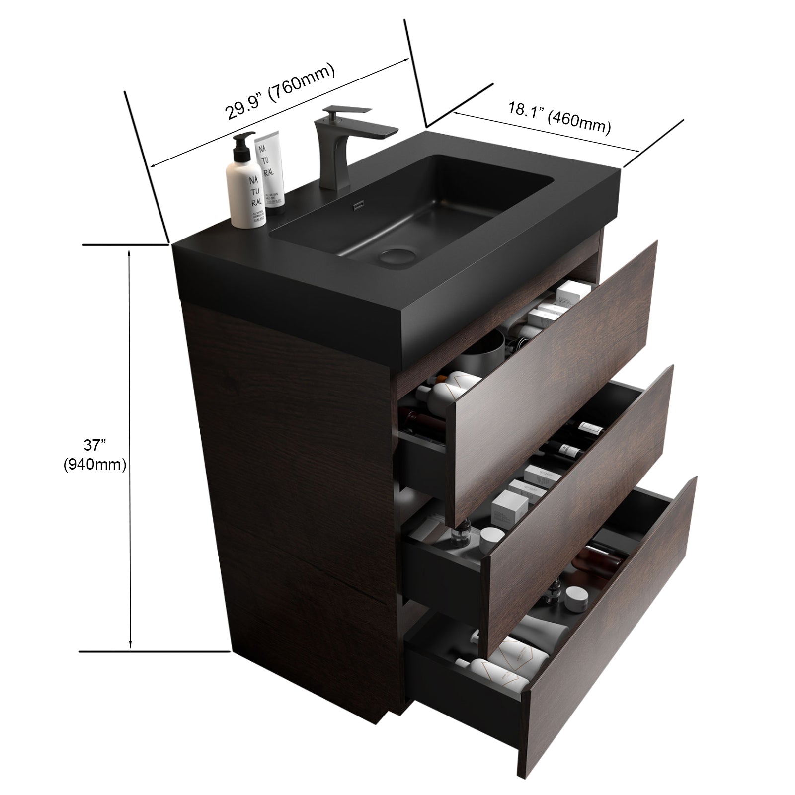 Alice 30" Walnut Bathroom Vanity With Sink, Large Storage Freestanding Bathroom Vanity For Modern Bathroom, One Piece Black Sink Basin Without Drain And Faucet, Pre Assembled Walnut Black Melamine