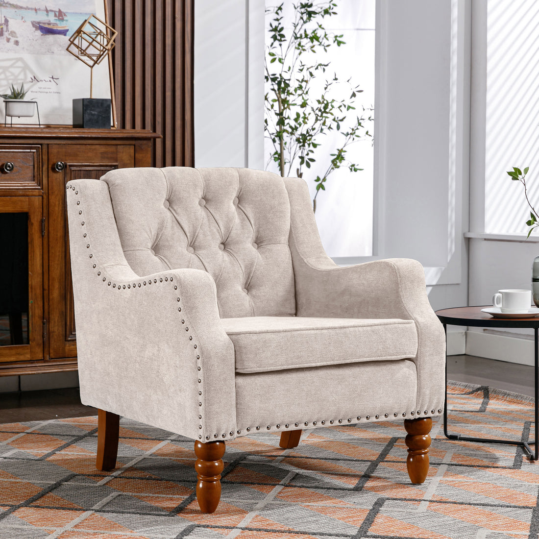 Beige Accent Chair, Living Room Chair, Footrest Chair Set With Vintage Brass Studs, Button Tufted Upholstered Armchair For Living Room, Comfy Reading Chair For Bedroom, Reception Room Beige Linen