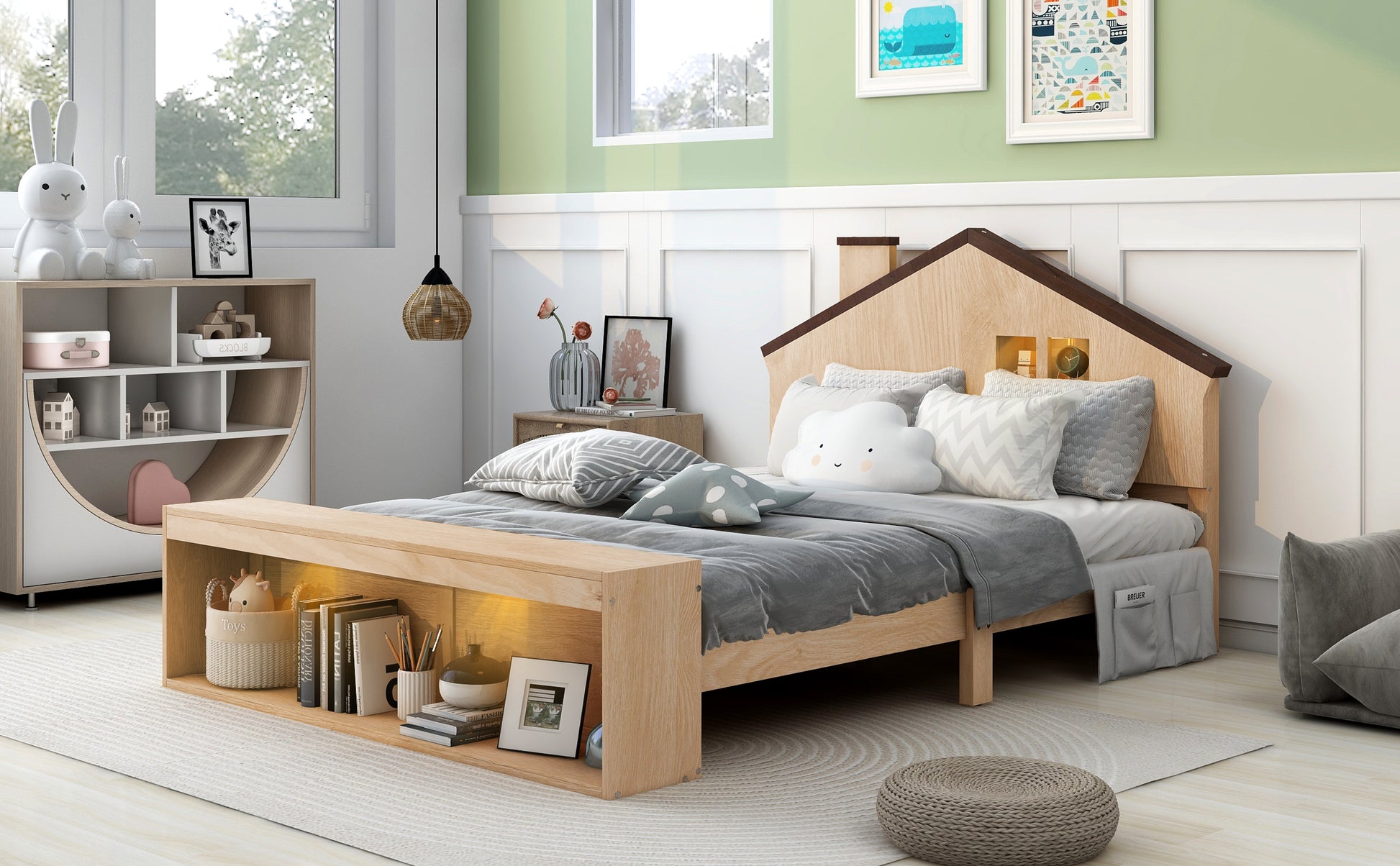 Full Size House Platform Bed With Led Lights And Storage, Wood Color Box Spring Not Required Full Natural Wood Wood Bedroom Bed Frame Wood