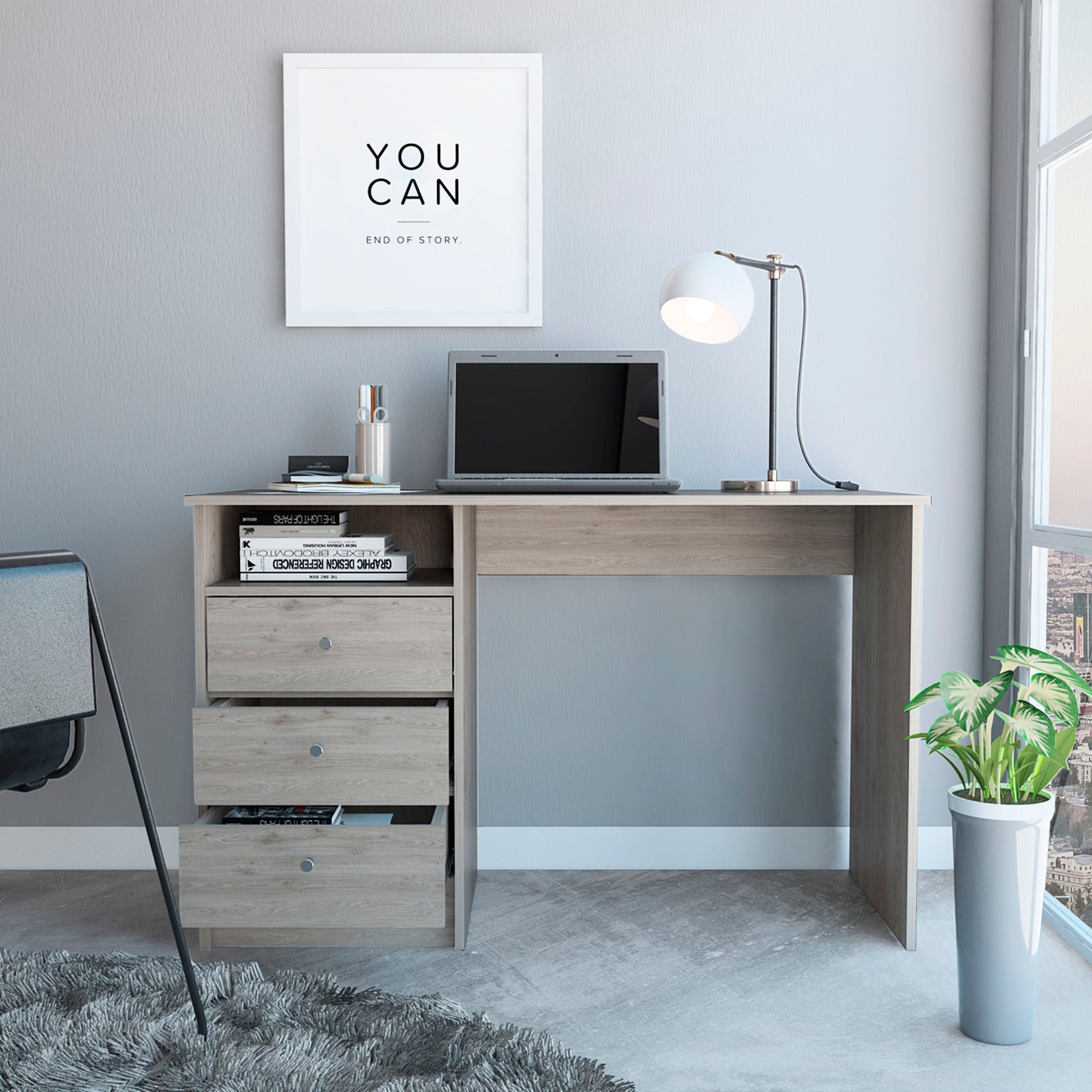 Providence 3 Drawer Writing Desk With Open Compartment Light Gray Gray Engineered Wood