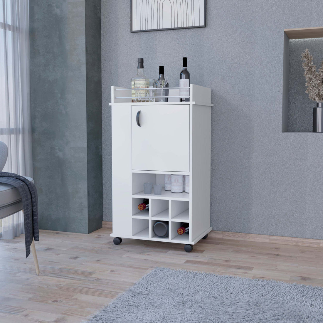 Allandale 1 Door Bar Cart With Wine Rack And Casters White White Engineered Wood