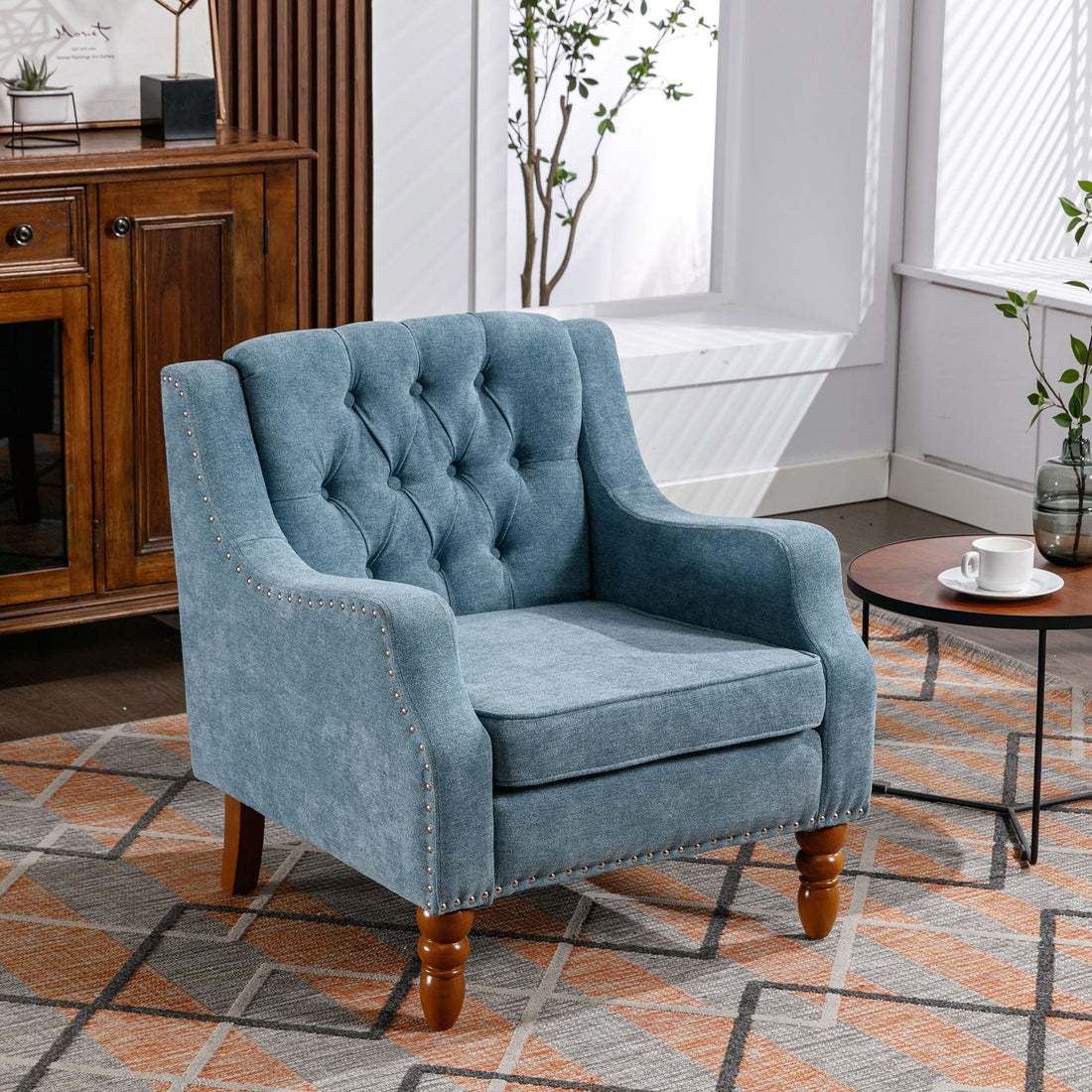 Blue Accent Chair, Living Room Chair, Footrest Chair Set With Vintage Brass Studs, Button Tufted Upholstered Armchair For Living Room, Comfy Reading Chair For Bedroom, Reception Room Blue Linen