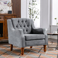Grey Accent Chair, Living Room Chair, Footrest Chair Set With Vintage Brass Studs, Button Tufted Upholstered Armchair For Living Room, Comfy Reading Chair For Bedroom, Reception Room Grey Linen
