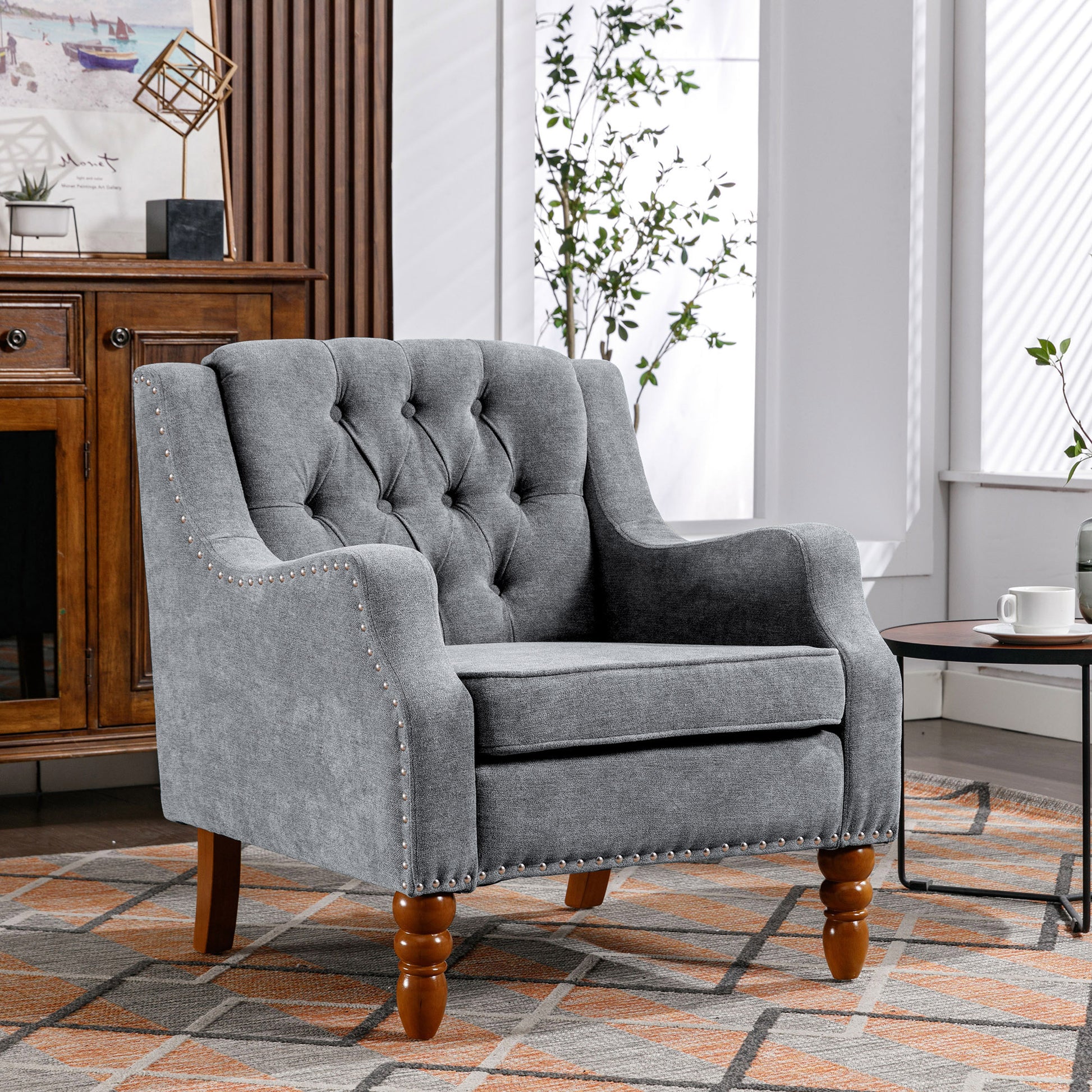 Grey Accent Chair, Living Room Chair, Footrest Chair Set With Vintage Brass Studs, Button Tufted Upholstered Armchair For Living Room, Comfy Reading Chair For Bedroom, Reception Room Grey Linen