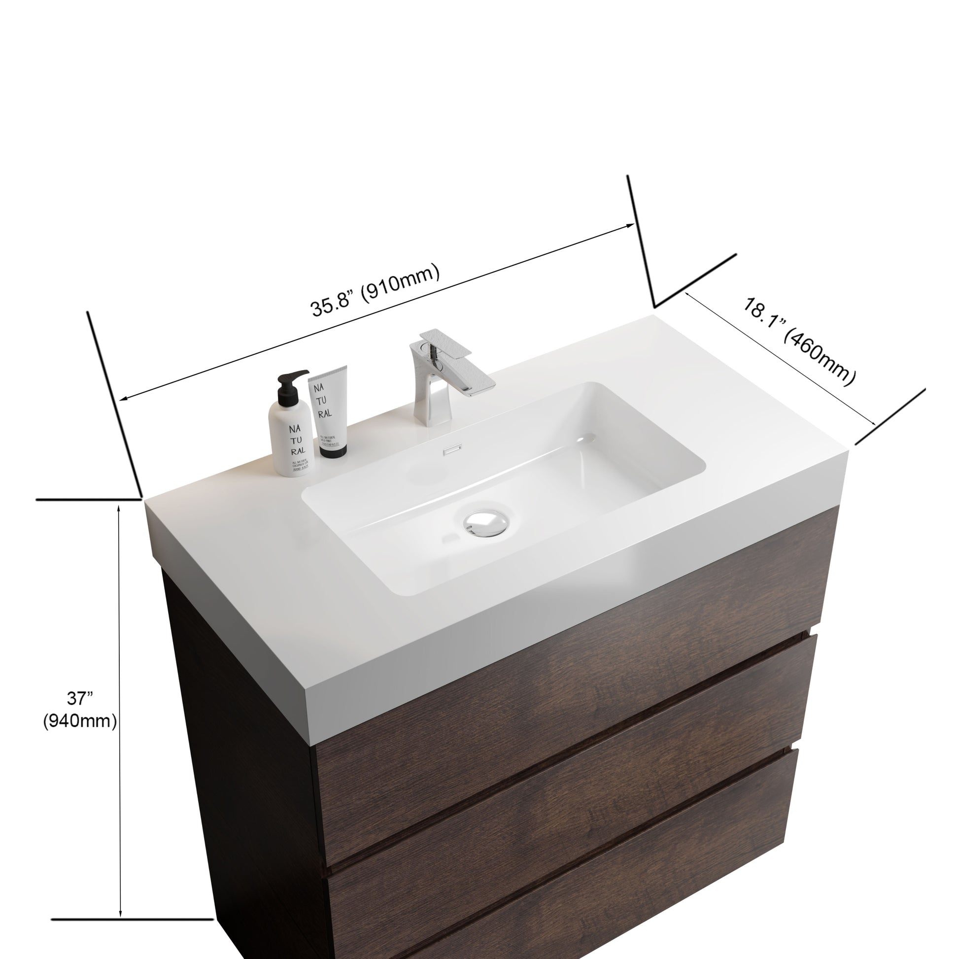 Alice 36" Walnut Bathroom Vanity With Sink, Large Storage Freestanding Bathroom Vanity For Modern Bathroom, One Piece White Sink Basin Without Drain And Faucet, Pre Assembled White Walnut Melamine