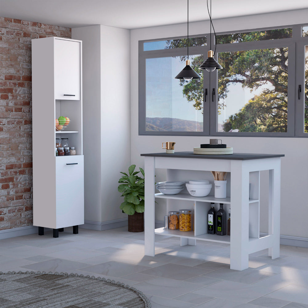 Marston 2 Piece Kitchen Set, Kitchen Island And Pantry Cabinet, White And Onyx White Engineered Wood