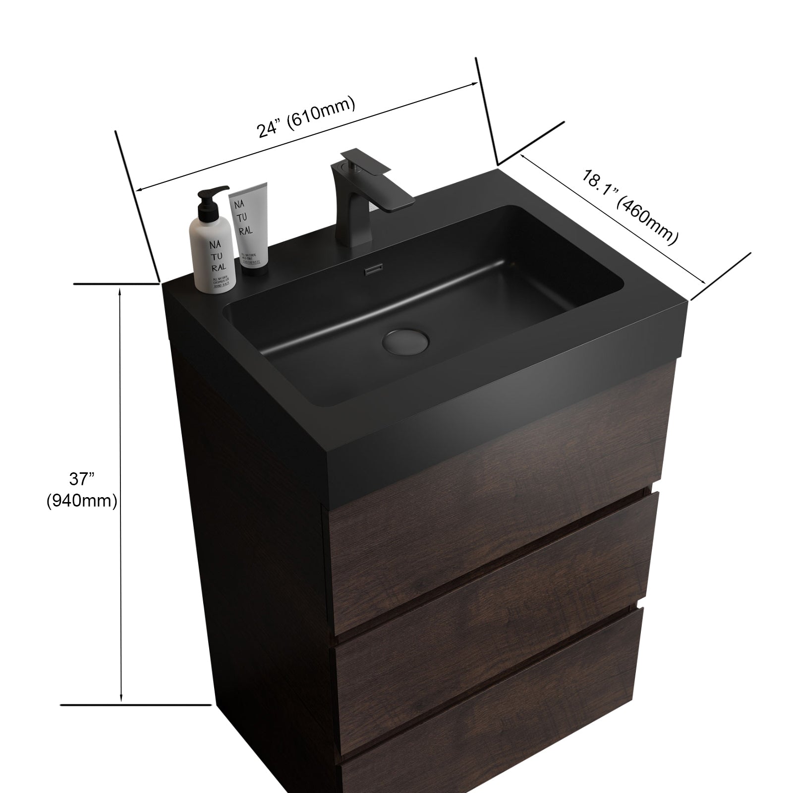 Alice 24" Walnut Bathroom Vanity With Sink, Large Storage Freestanding Bathroom Vanity For Modern Bathroom, One Piece Black Sink Basin Without Drain And Faucet, Pre Assembled Walnut Black Melamine