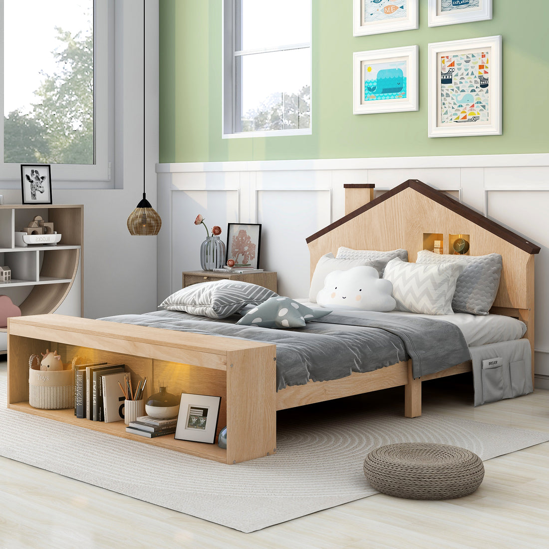 Full Size House Platform Bed With Led Lights And Storage, Wood Color Box Spring Not Required Full Natural Wood Wood Bedroom Bed Frame Wood