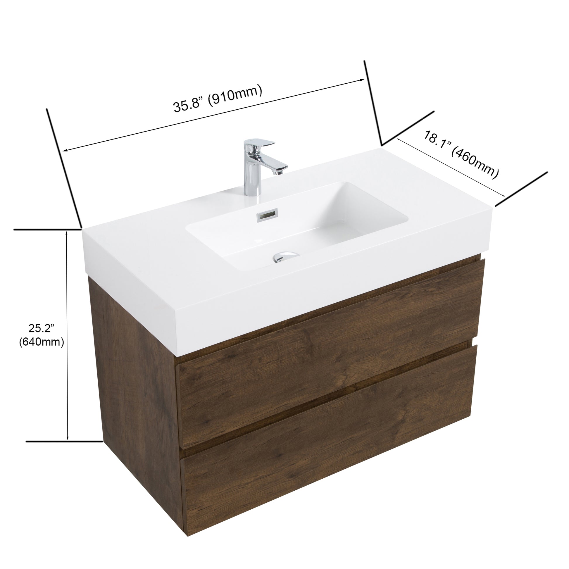 Alice 36" Walnut Bathroom Vanity With Sink, Large Storage Wall Mounted Floating Bathroom Vanity For Modern Bathroom, One Piece White Sink Basin Without Drain And Faucet, Pre Assembled White Walnut Melamine