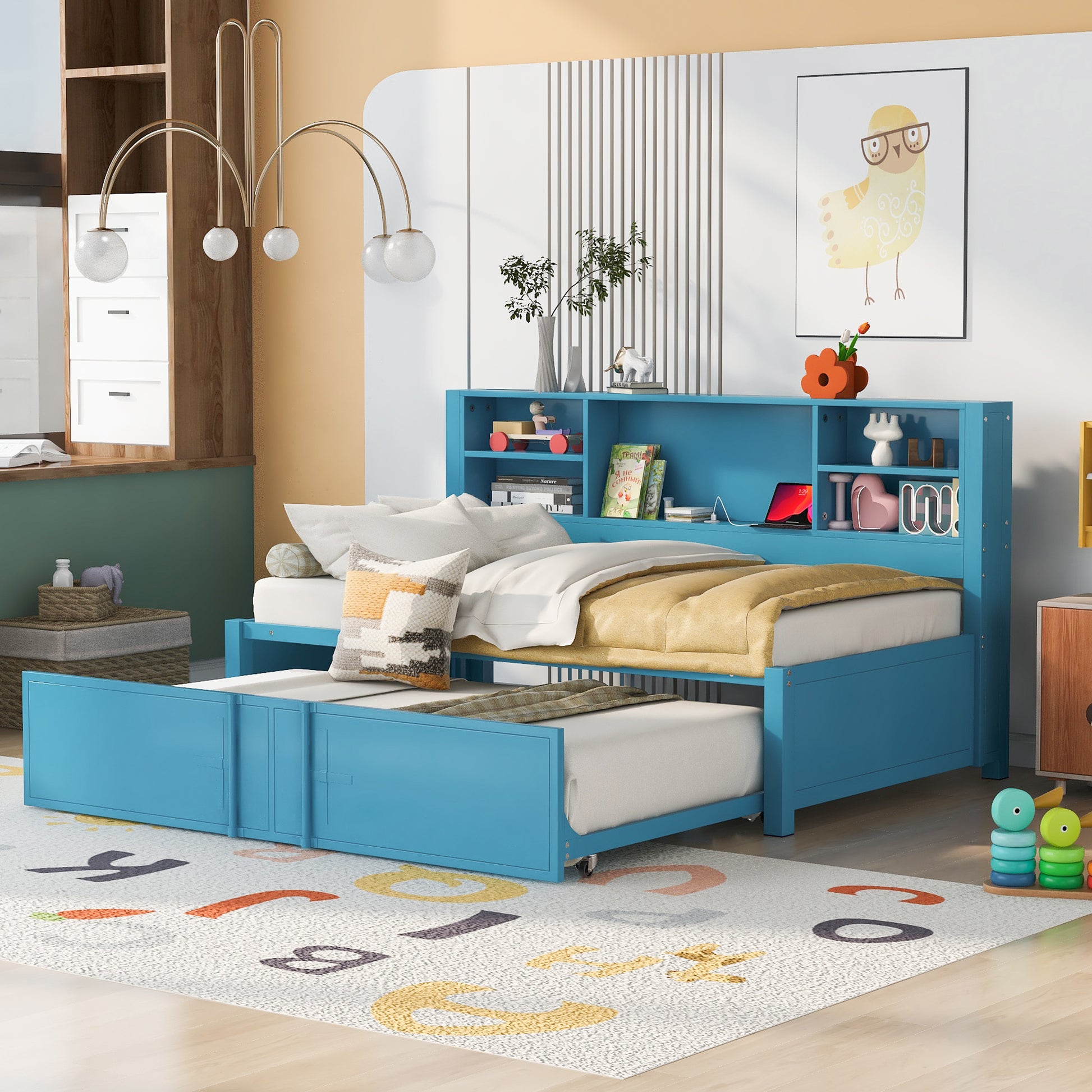 Metal Twin Size Daybed With Twin Size Trundle, Storage Shelves And Usb Ports, Blue Box Spring Not Required Twin Blue Metal Bed Frame Metal & Wood
