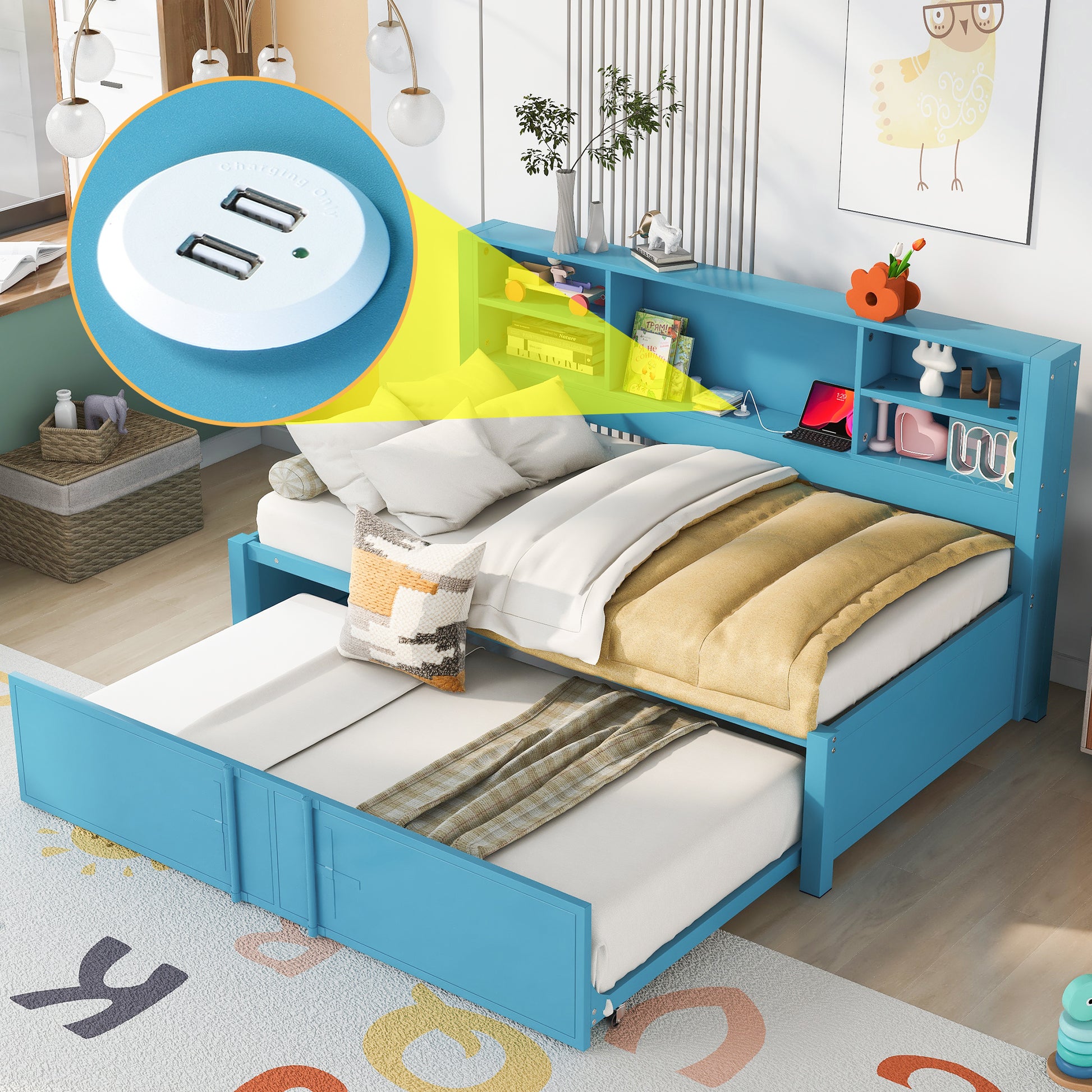 Metal Twin Size Daybed With Twin Size Trundle, Storage Shelves And Usb Ports, Blue Box Spring Not Required Twin Blue Metal Bed Frame Metal & Wood