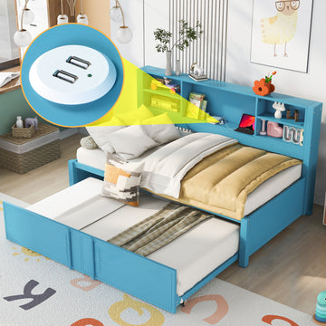 Metal Twin Size Daybed With Twin Size Trundle, Storage Shelves And Usb Ports, Blue Box Spring Not Required Twin Blue Metal Bed Frame Metal & Wood