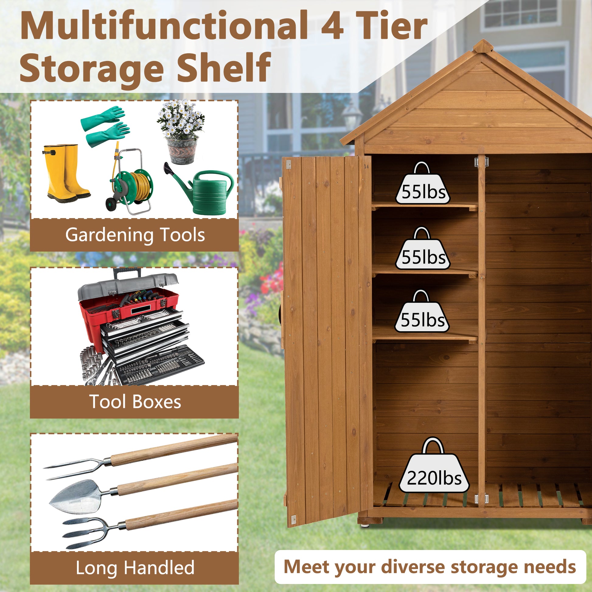 Outdoor Storage Cabinet, Garden Wood Tool Shed, Outside Wooden Shed Closet With Shelves And Latch For Yard 39.56"X 22.04"X 68.89" Yellow Brown Wood Stainless Steel