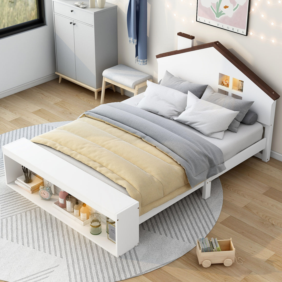 Full Size House Platform Bed With Led Lights And Storage, White Box Spring Not Required Full White Wood Bedroom Bed Frame Wood