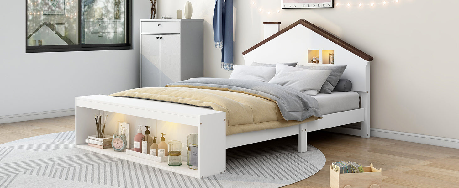 Full Size House Platform Bed With Led Lights And Storage, White Box Spring Not Required Full White Wood Bedroom Bed Frame Wood