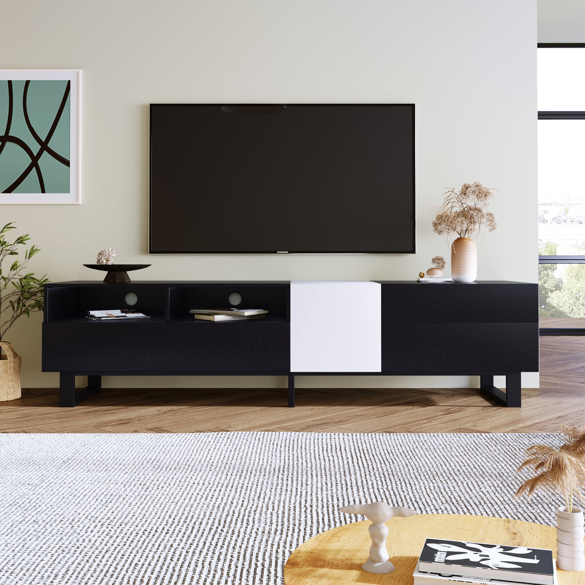 Modern Tv Stand For 80'' Tv With Double Storage Space, Media Console Table, Entertainment Center With Drop Down Door For Living Room, Bedroom, Home Theatre Black 70 79 Inches Mdf