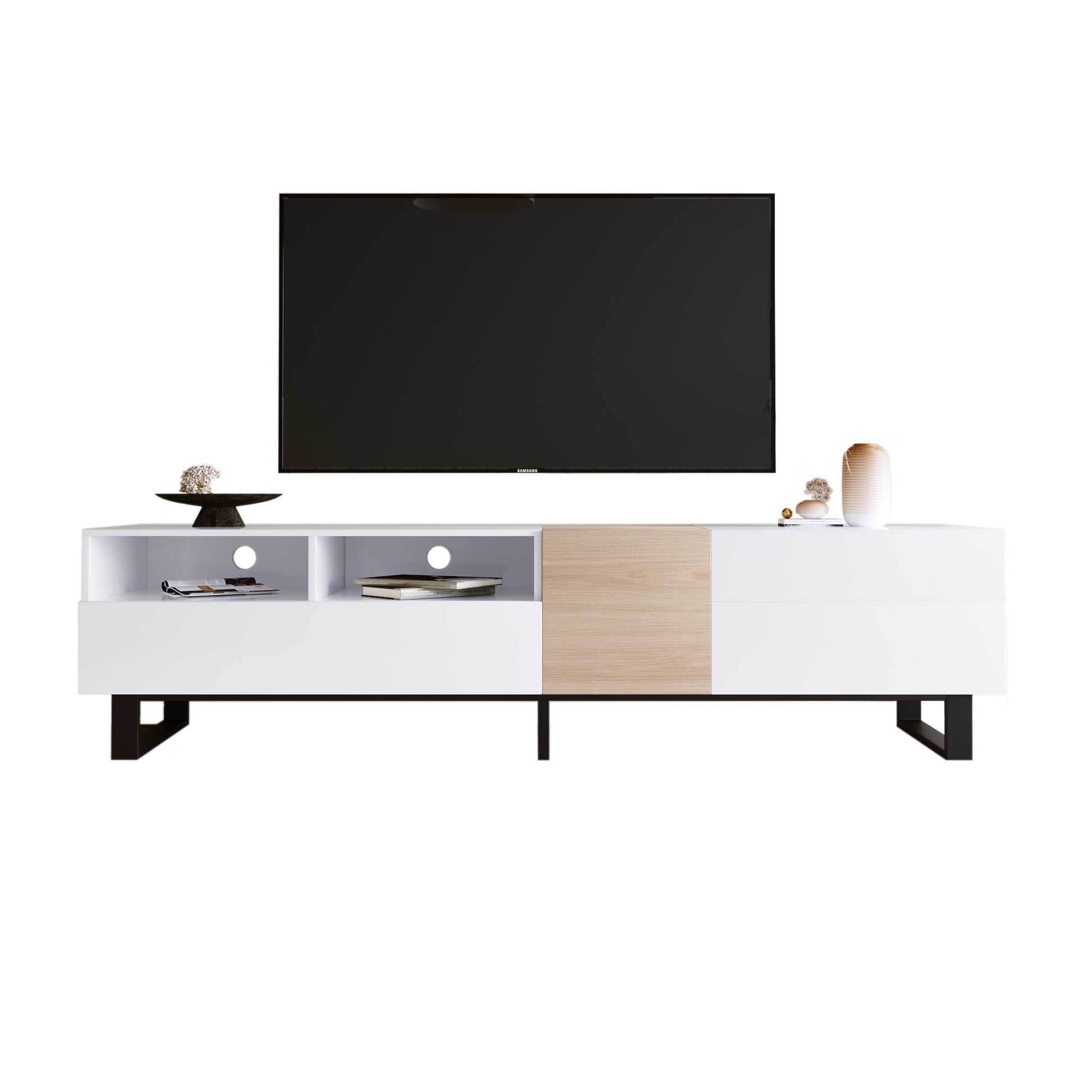 Modern Tv Stand For 80'' Tv With Double Storage Space, Media Console Table, Entertainment Center With Drop Down Door For Living Room, Bedroom, Home Theatre White 70 79 Inches Mdf